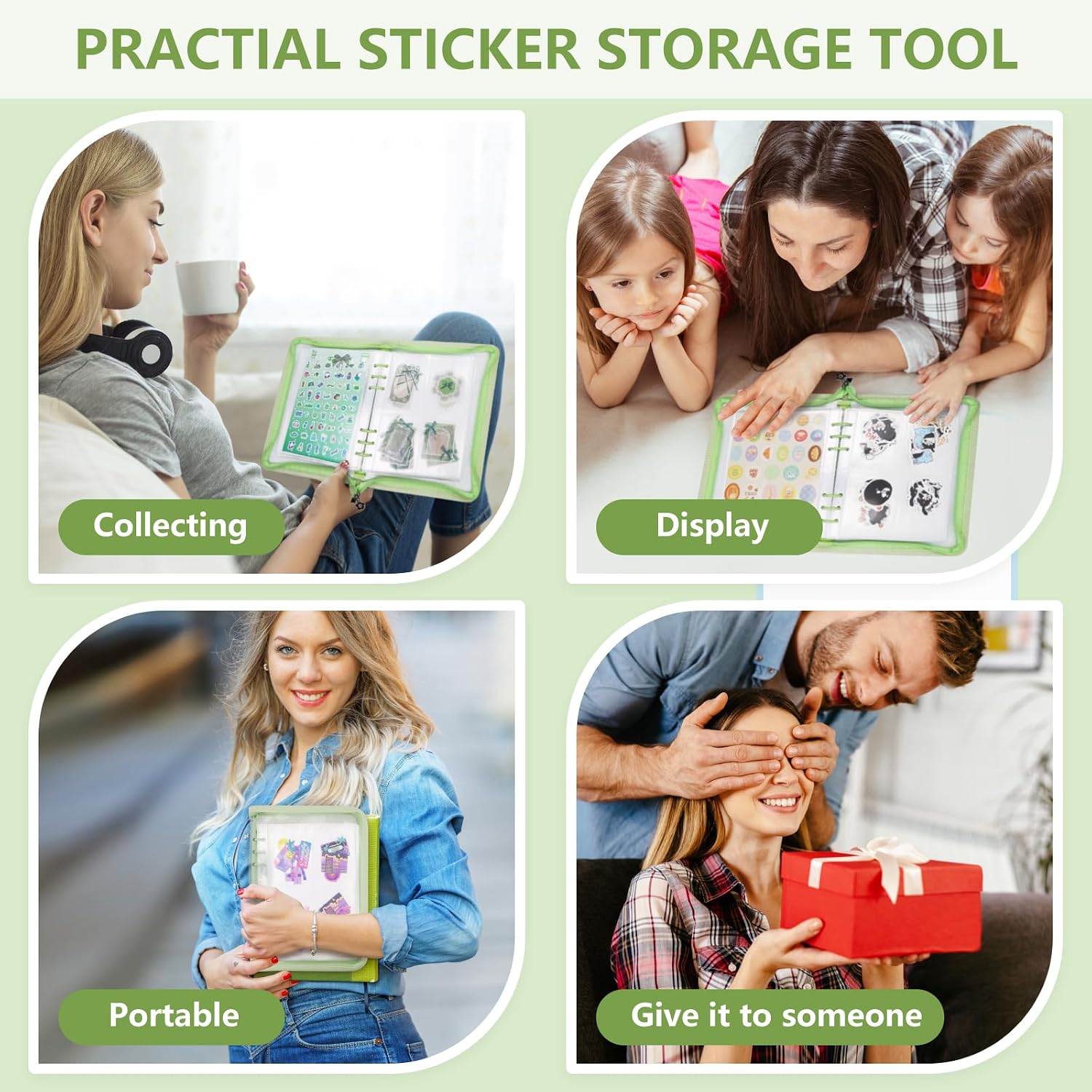 Sticker Storage Organizer Binder A5 Sticker Book Collecting Album Reusable Sticker Collection Book with Pocket Zipper Sticker Holder Keeper Book for Adult Collecting Sticker (green)