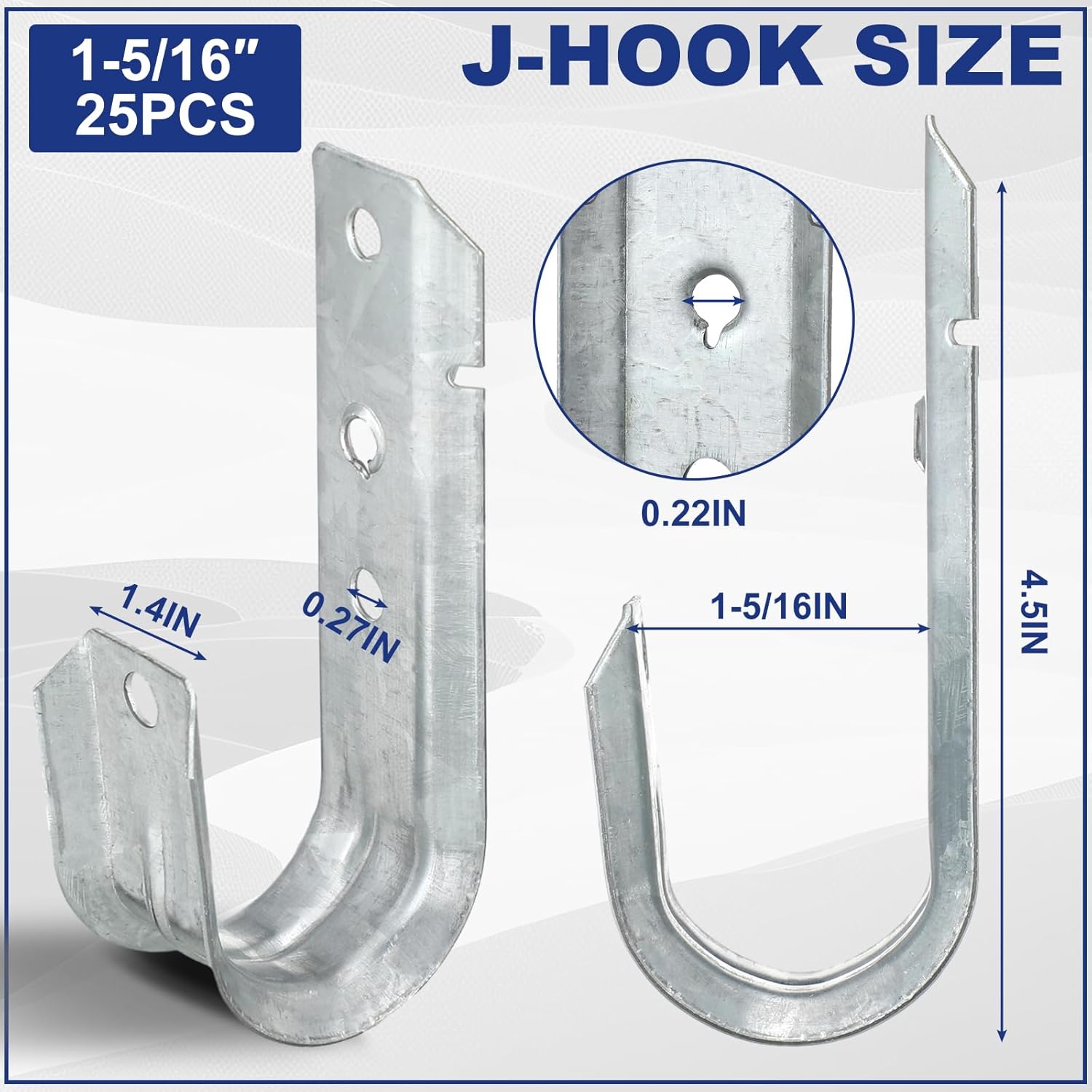 Gisafai 25 Pcs Cable Support J-Hook, Garage Hooks for Hanging, Heavy Duty Metal Network J-Hook for Cable and Wire Management Wall Mount J Utility, G60 Galvanized Steel(1-5/16 Inch,Silver)