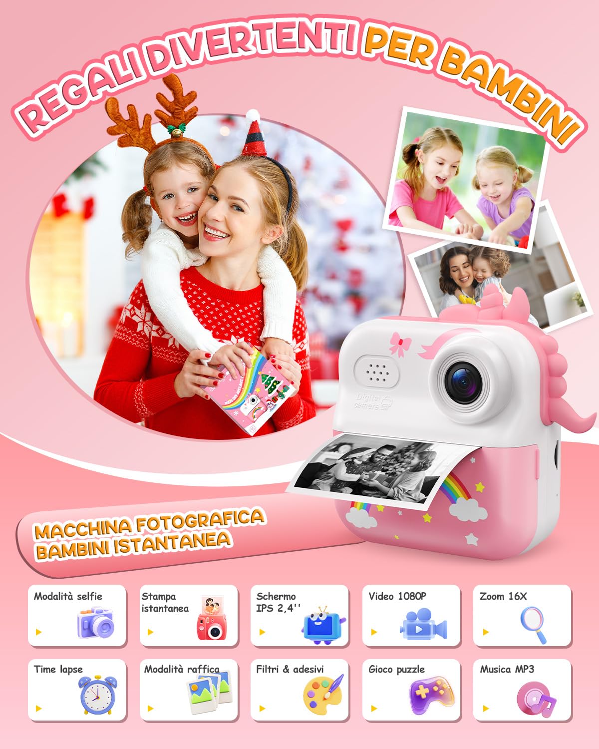 ElecMoga Macchina Fotografica Bambini, 48MP Macchina Fotografica Istantanea | 2,4 Pollici 1080P HD con 32 GB Scheda e 3 Carta da Stampa, Digital Camera Bambini Natale Compleanno Regalo per 3 ai 12 Anni