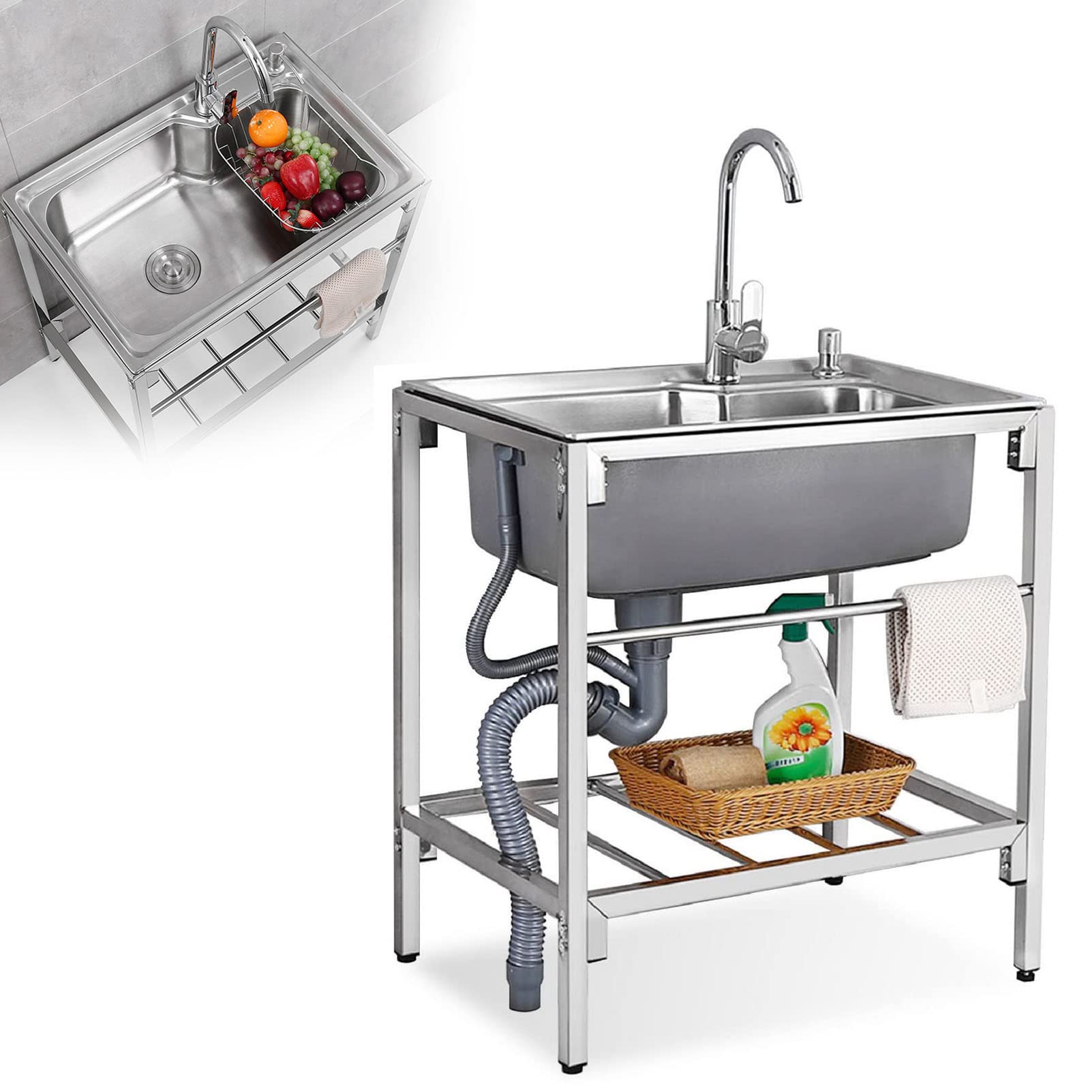 Lavello a Vasca Singola autoportante - Acciaio Inox per Uso Commerciale, ristoranti, cucine, rubinetti, Filtro e Tubo di Scarico, per Interni, Bar Domestico