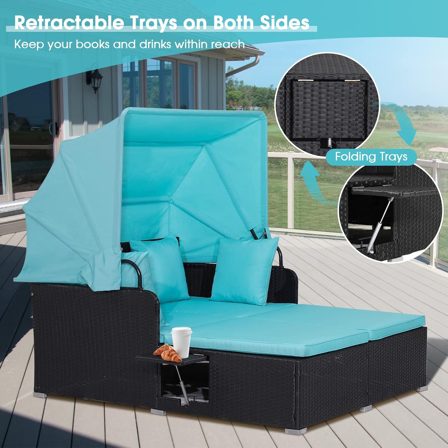 Image showing the retractable side trays extended and folded on the daybed