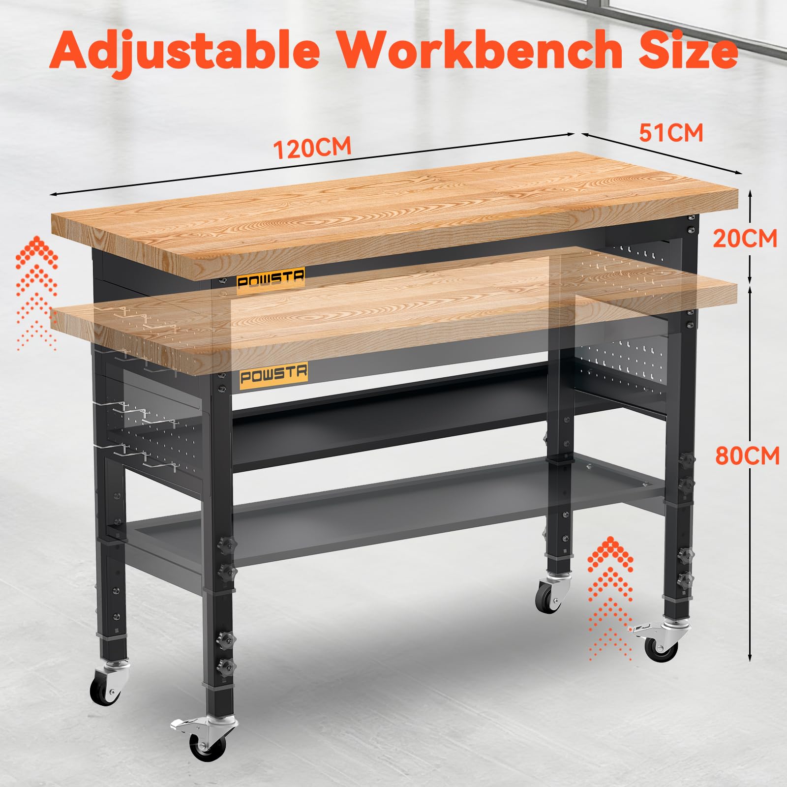 120cm Höhenverstellbare mobile Werkbank aus Gummibaumholz, 900 kg Tragfähigkeit, zweistufig mit schwenkbaren Rollen, Lochwand und 6 Haken, als Arbeitstisch für Garage, Werkstatt, Büro, Haus & Gewerbe