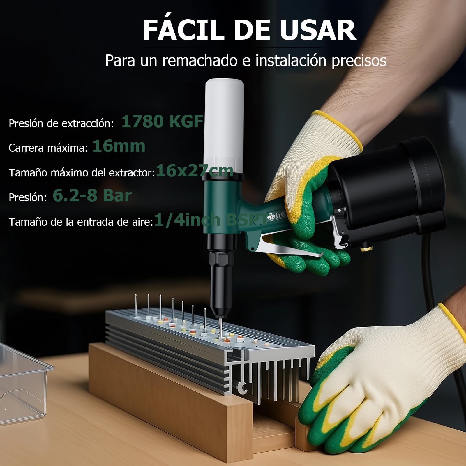 JiGiU Remachadora Neumática 1780KGF Pistola Remachadora Neumática | con 5 Boquillas 2.4mm, 3.2mm, 4.0mm , 4.8mm y 6.4mm para Automoción, Construcción, Industrias Manufactureras