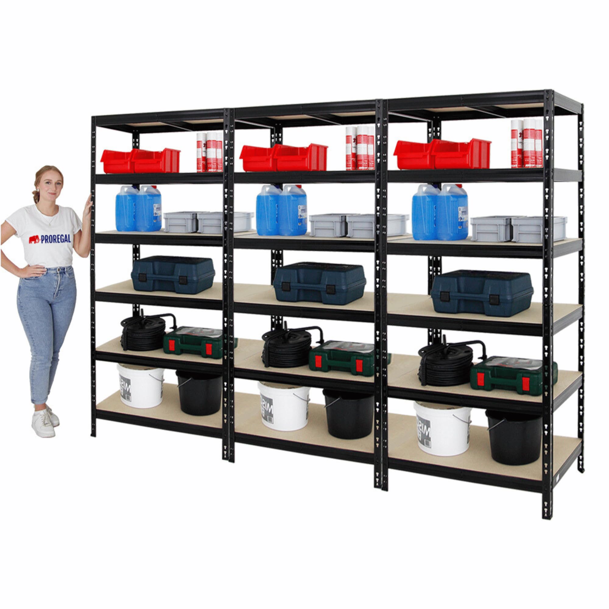 PROREGAL Mega Deal | 3X Schwerlastregal Giant Tiger | HxBxT 200x90x60 cm | Fachlast 265kg | 6-Ebenen | Schwarz |Garagenregal, Lagerregal, Steckregal, Kellerregal, Werkstattregal