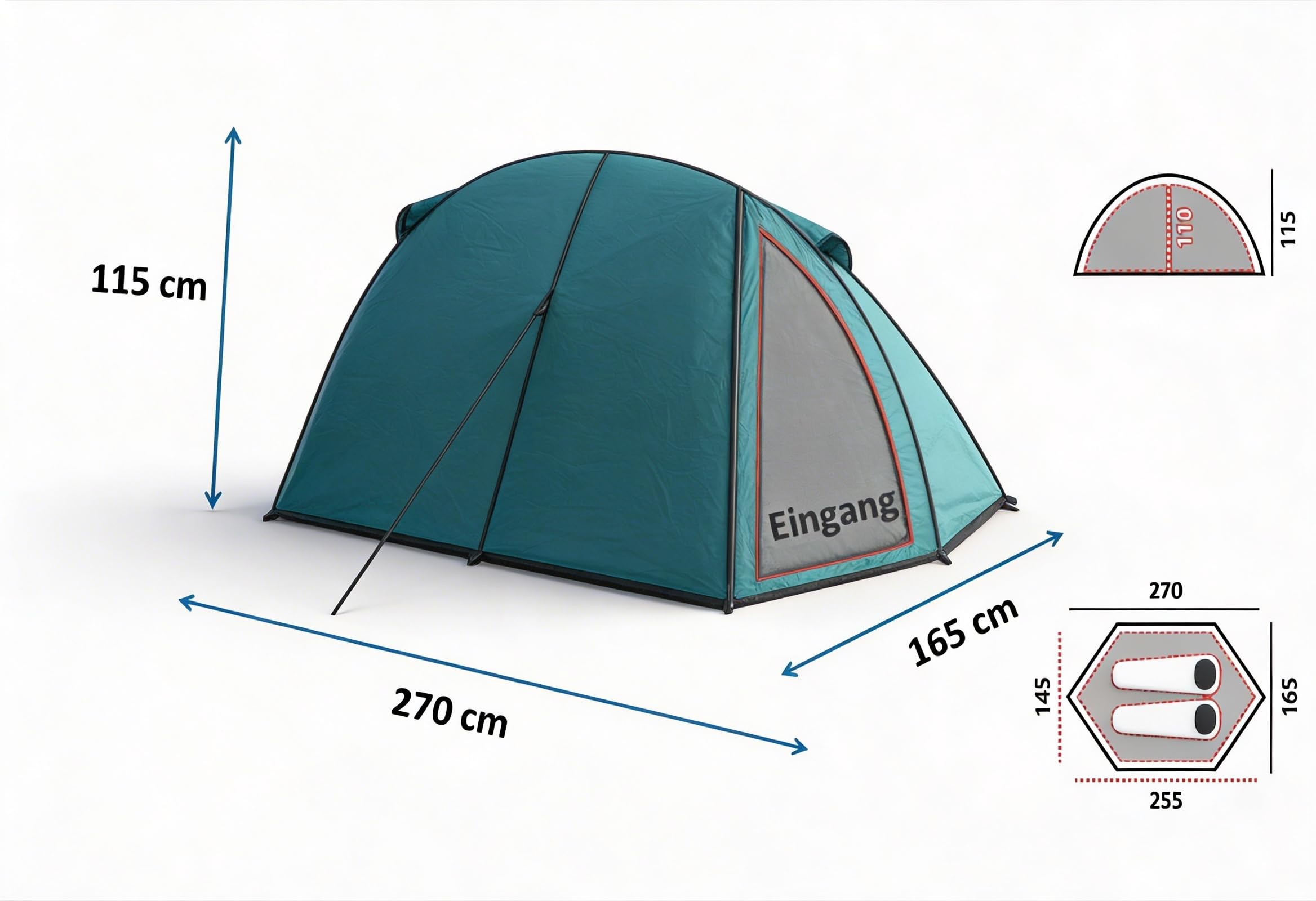 Zelt 2 Personen wasserdicht leicht kleines Packmaß, Tunnelzelt doppelwandig, Camping Outdoor Vorzelt Eingang mit Insektenschutz Sport & Freizeit