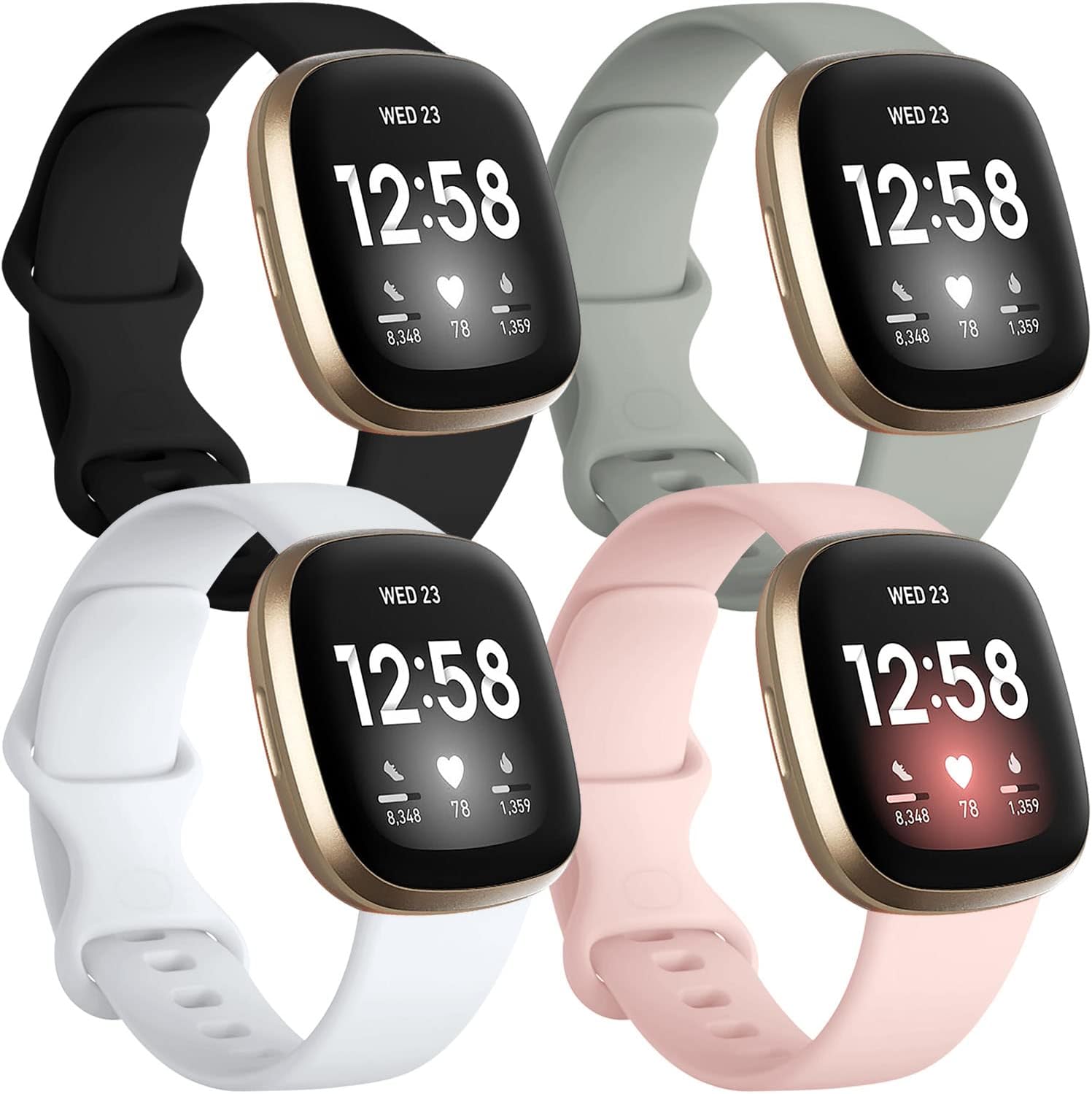 Compatible with Fitbit Sense 2/ Sense Bands/Versa 4/ Versa 3 Bands Women Men, Silicone Sport Accessories Band, Small Black/Gray/Pink/White