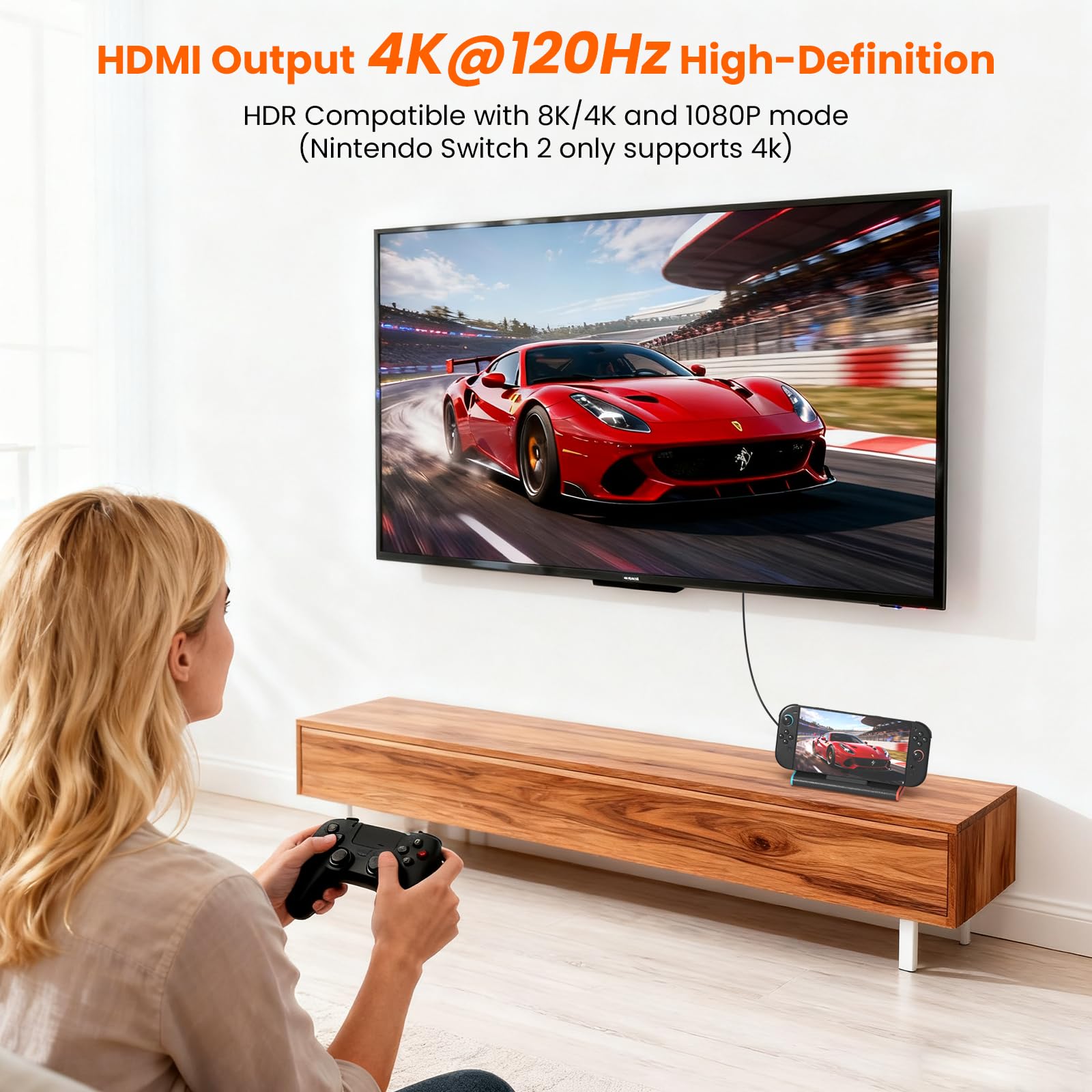 Switch 2 TV Dock Portatile Base Support Compatibile con Nin-tendo S-witch 2,Dock Switch 2 Adaptador TV Hub con 4K@120Hz HDMI + 100W Carga Entrada + 3XUSB3.0,Portátil Docking Station Cargador S-witch 2
