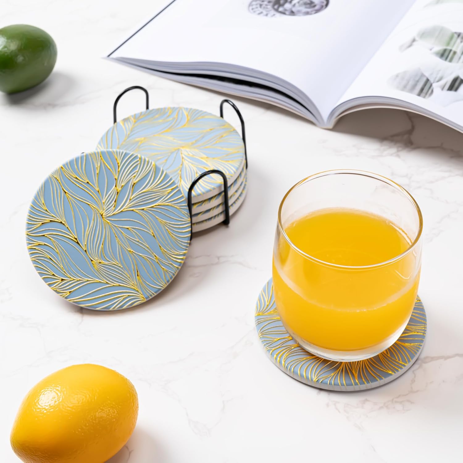 Hoewina 6Pcs Drink Coasters with Holder, Marble Style Ceramic Drink Coaster, Absorbent Coasters Set Suitable for Kinds of Cups, Modern Style Coaster for Coffee Table, 4 Inches（Gilded Relief - Image 6