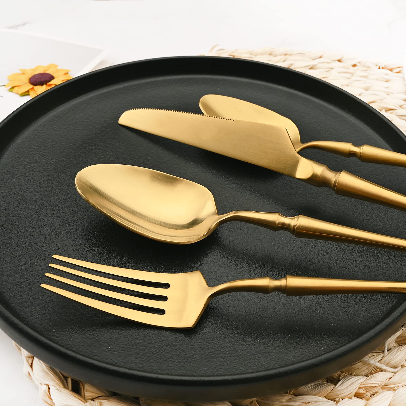 Snplowum 24-Pieces Gold 18/10 Stainless Steel Flatware Set, Matte Luxury Cutlery Set Kitchen Dinnerware Include Knife Fork Spoon and Teaspoon, Service for 6