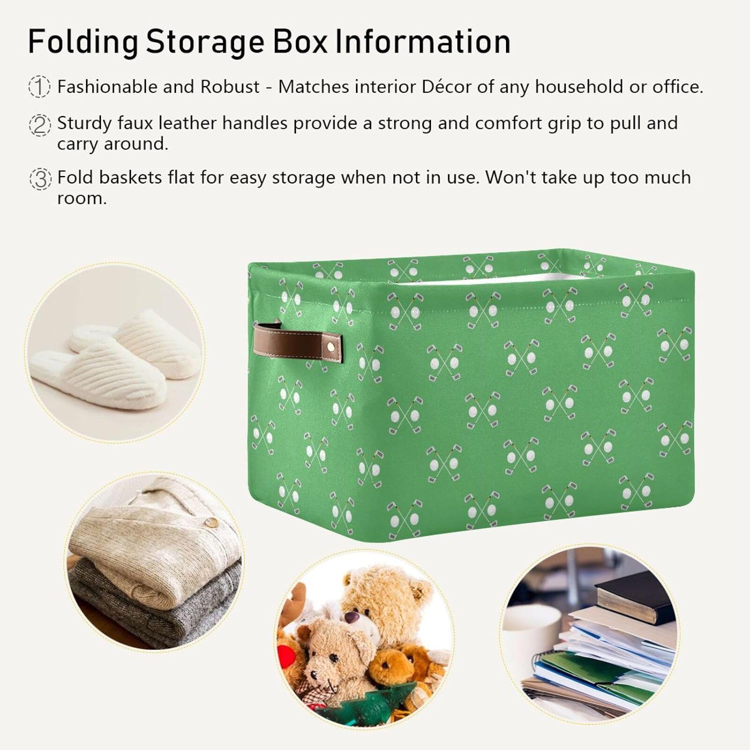 Emelivor Green Golf Ball Storage Basket Bins Foldable Decorative Storage Box Laundry Hamper Baskte Storage for Office Bedroom Clothes Bedroom Living Room,1 pcs