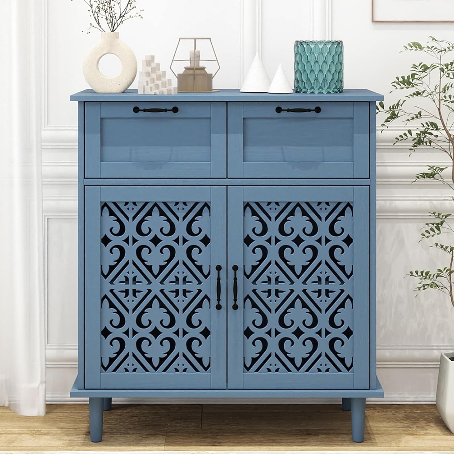 Kitchen Storage Cabinet with Drawers - Accent Cabinet with Carved Door, Floor Sideboard Buffet with Storage, Small Wood Credenza for Living Room, Dining Room, Entryway, Blue