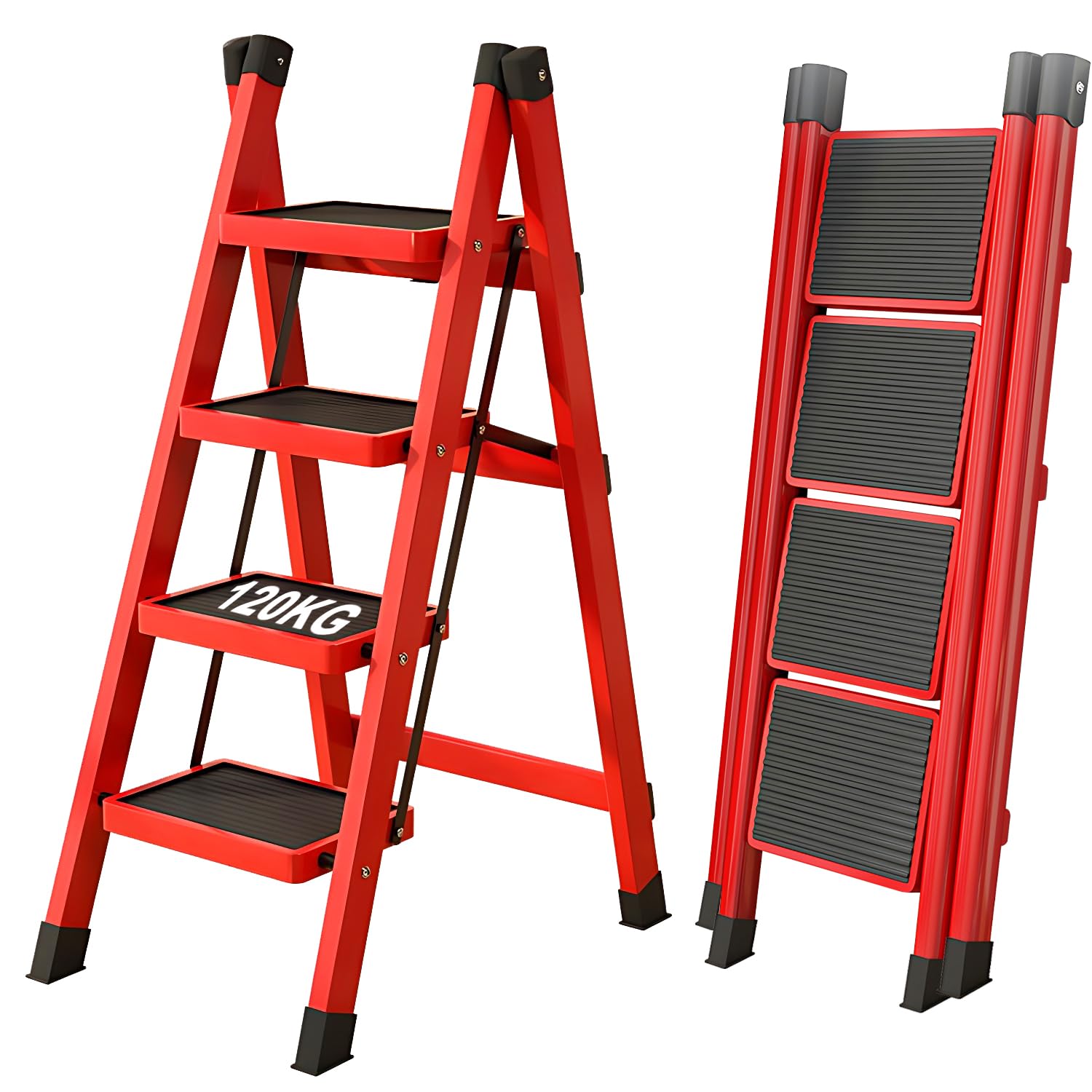 Gluckluz Foldable Ladder 4 Step Home Ladder Folding Lightweight Step Stool with 120KG Capacity & Wide Anti-Slip Pedal for Kitchen Office Living Room Library Household (Red & Black)