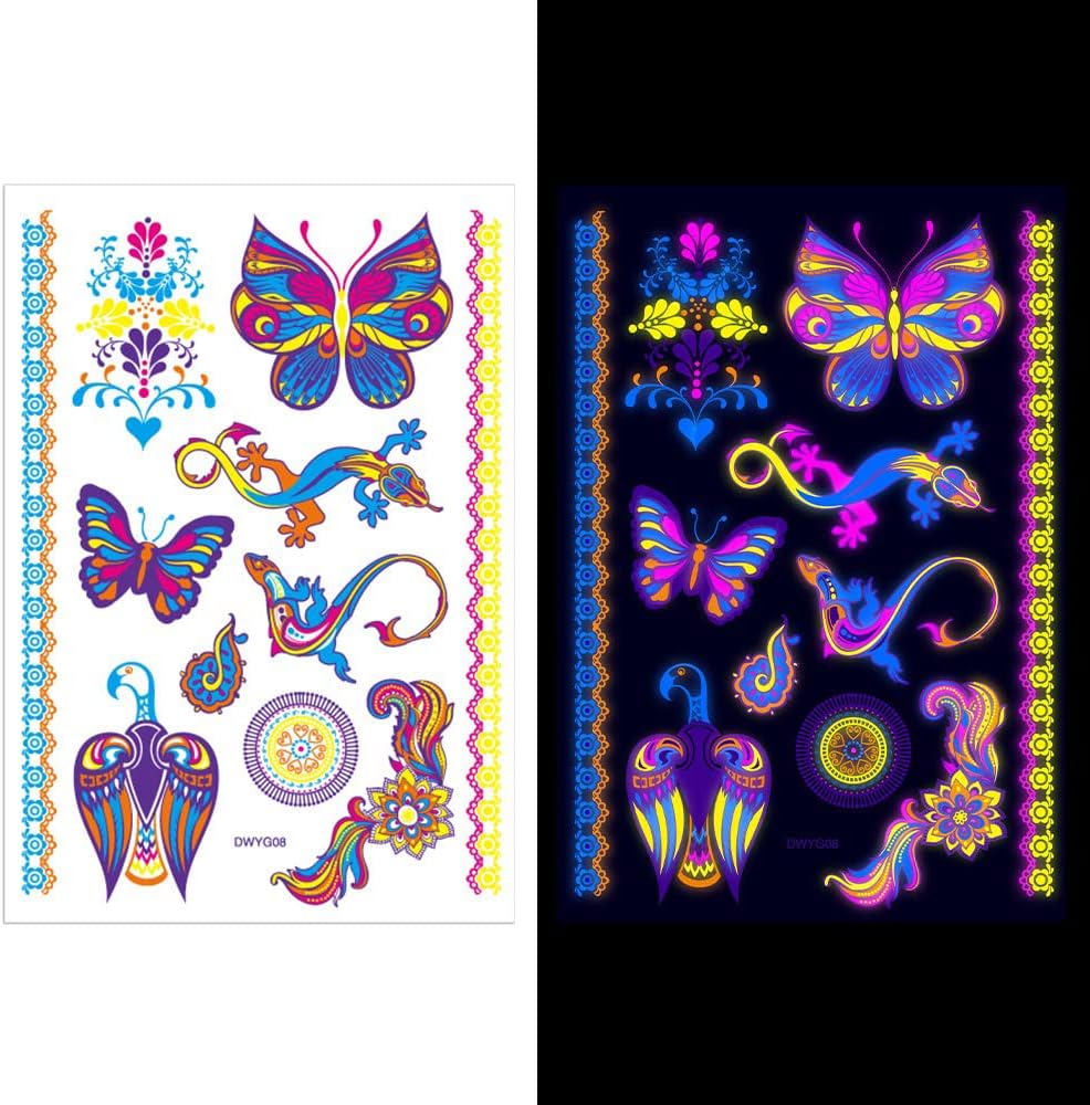S.A.V.I Neon Temporary Tattoos, Glow UV Neon Body Face Animal Tattoo, Lizard, Lion, Tiger, Wolf, Armband, Tattoos Flash Fake Waterproof Tattoo Stickers for Women Men Girls Body Art, Size- 21x15CM