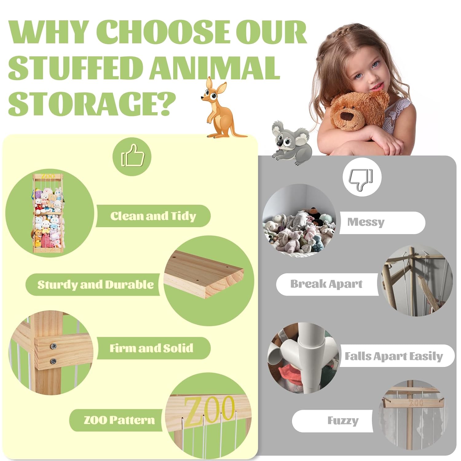 Trycooling Stuffed Animal Zoo Stuffed Animal Storage Wood Plushie Storage Stuffed Animals Zoo Storage Cage with Zoo Pattern Elastic Band for Nursery Play Room Bedroom (Wood) | Stuffed Animal Zoo, Plushie Storage, Zoo Pattern, Elastic Band - Image 4