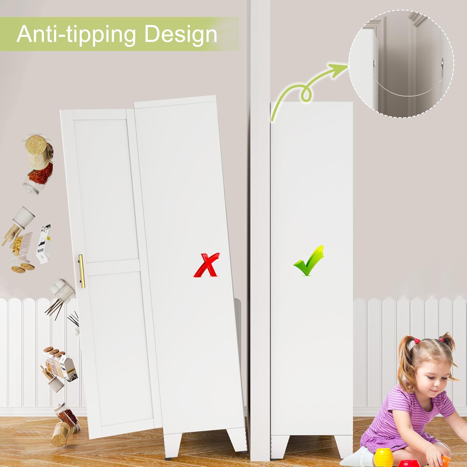 Diagram showing anti-tipping device installation for the GAIOUS Metal Pantry Cabinet