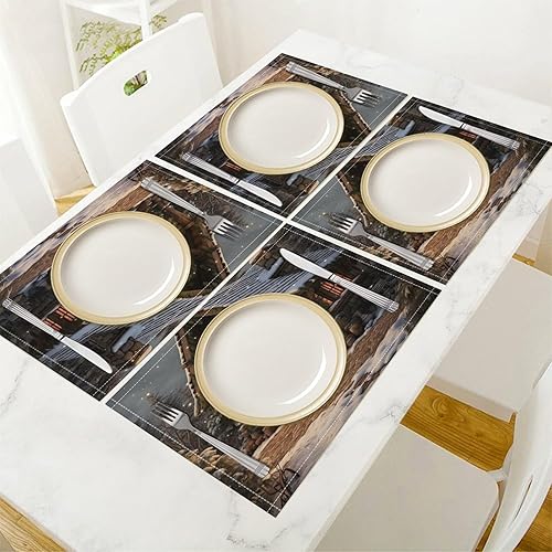 Miniatura 4 de Juego de 4 manteles individuales rústicos de Navidad, cabaña de bosque, de algodón, lino, rústico, cabaña, campaña, naturaleza, vida silvestre,