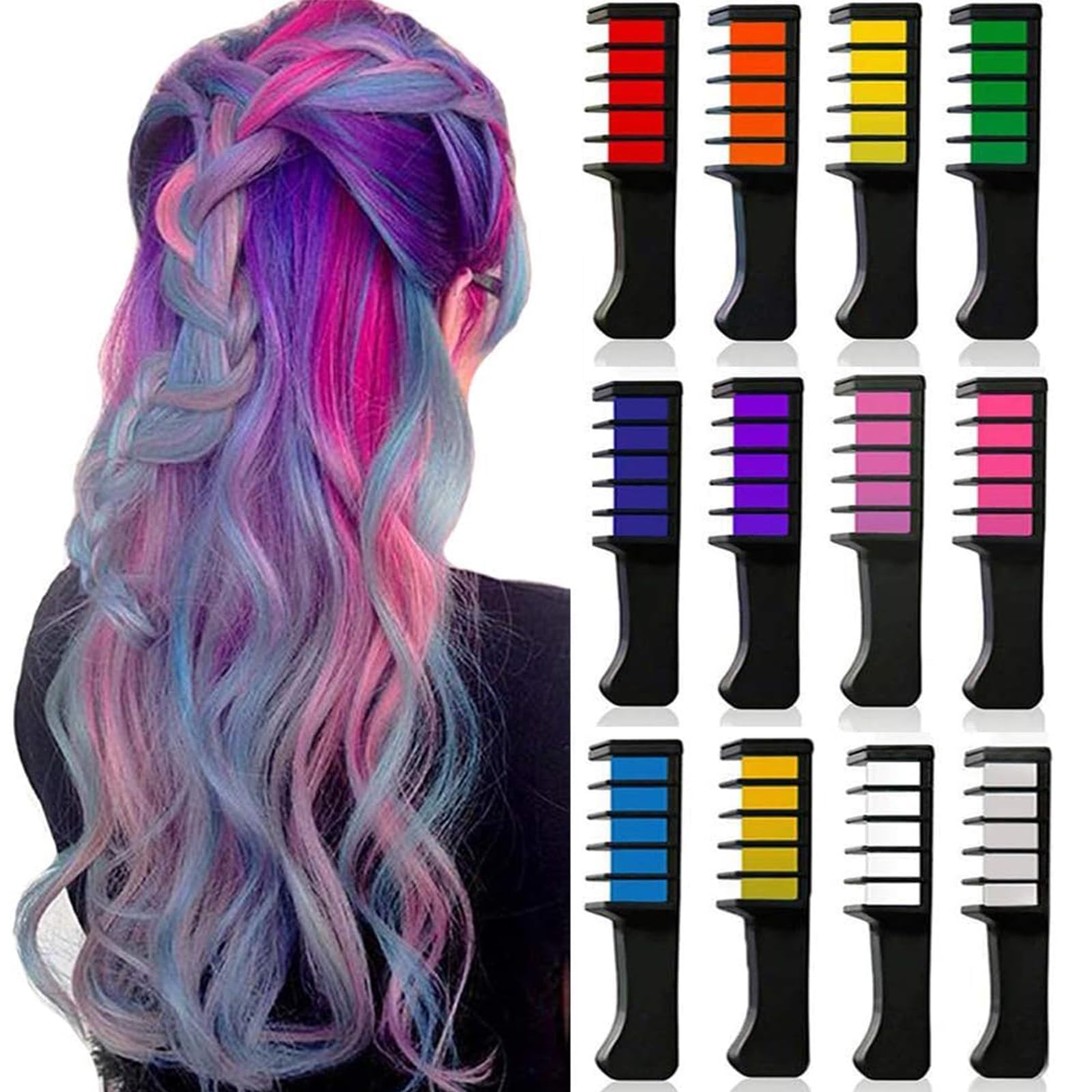 Kalolary 12 Colores Tiza para el Cabello, Temporal Cabello Tiza Peine Cabello Pelo Tiza Peine no Tóxico Lavables Tinte para Cabello para Niños y Adultos Halloween Navidad Cosplay DIY Fiesta
