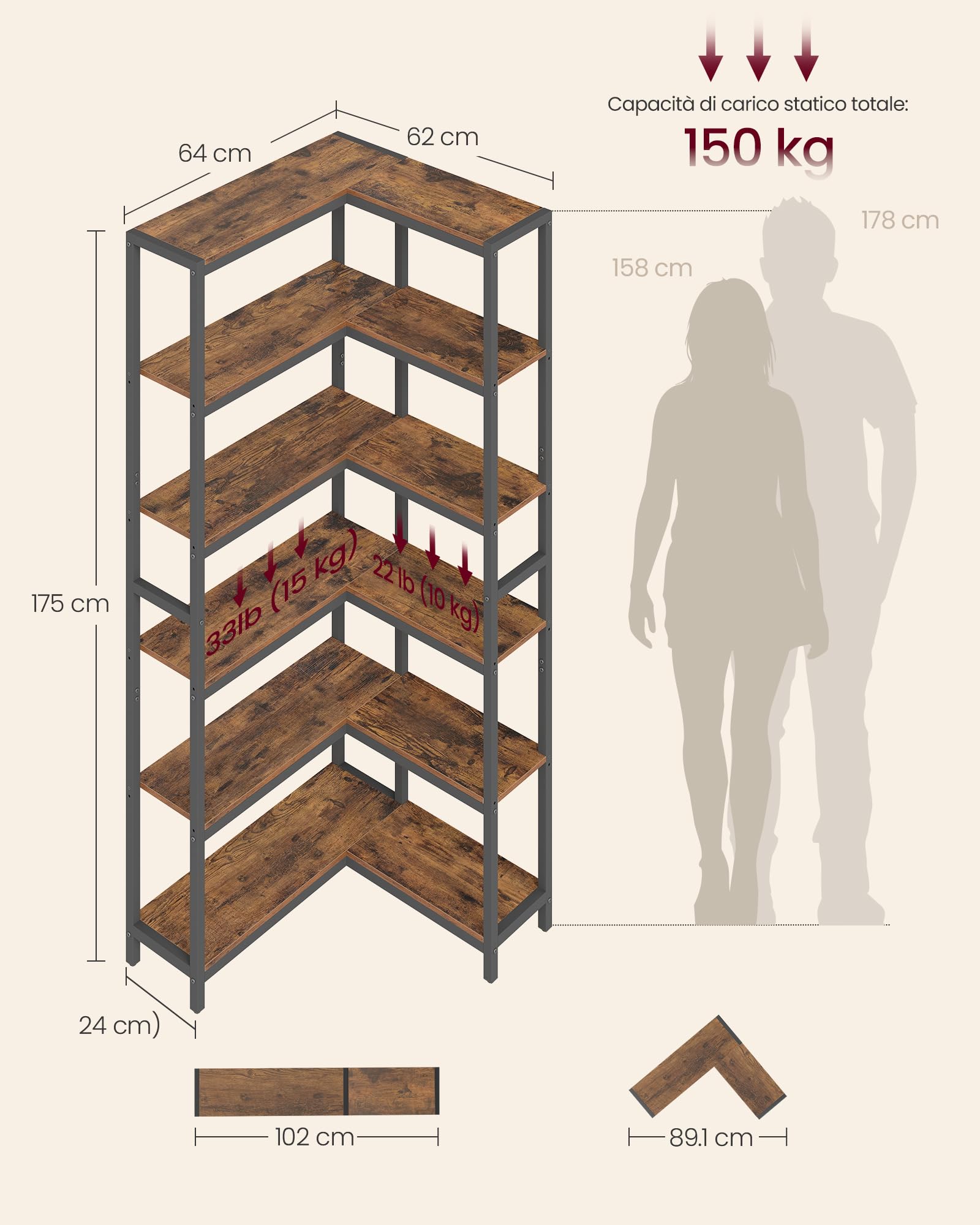 VASAGLE Libreria a 6 Ripiani, Scaffale Angolare, 24 x 102 x 175,2 cm, Libreria Angolare, Stile Moderno, per Soggiorno, Camera da Letto, Ufficio, Marrone Vintage e Nero Inchiostro LLS606K01