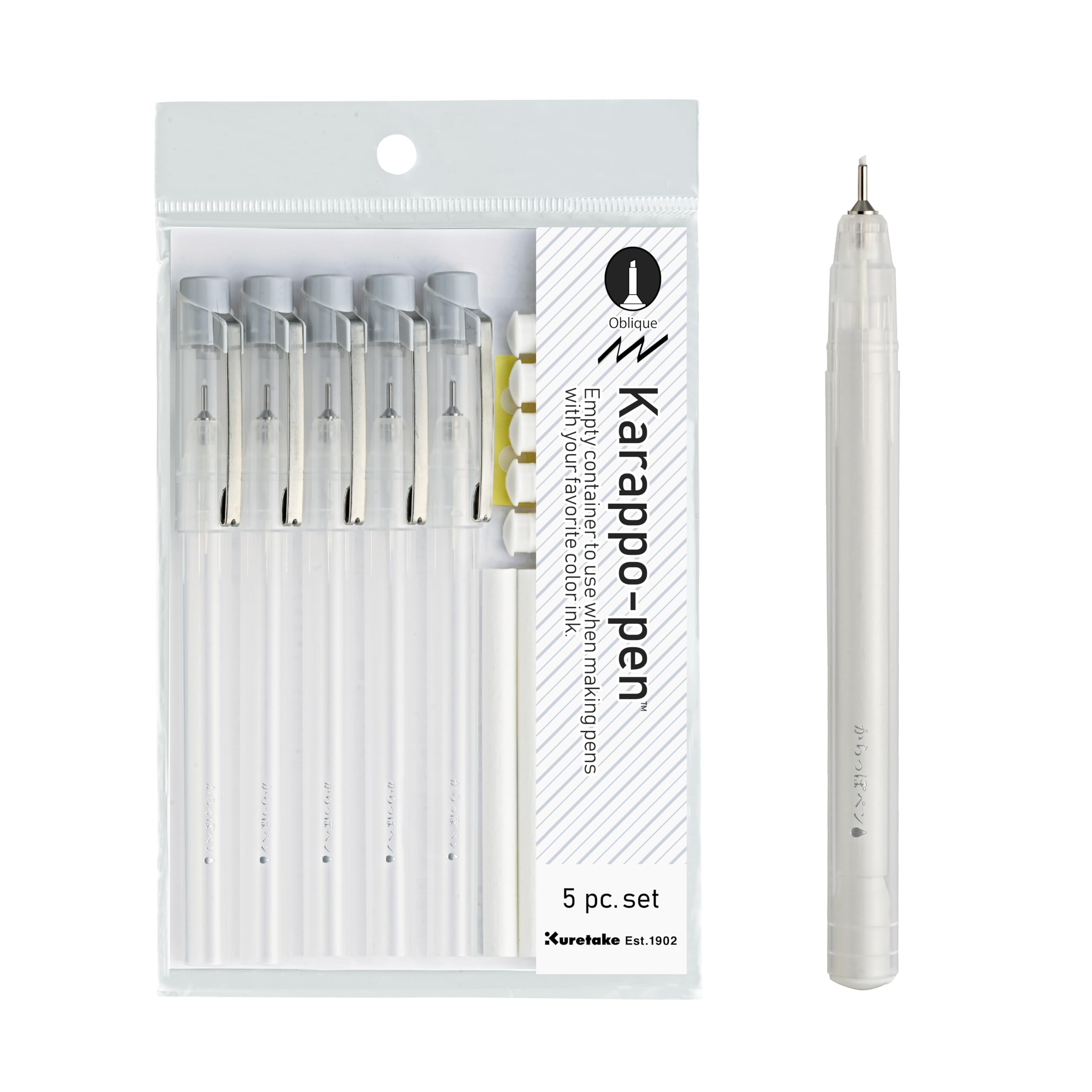 Kuretake Karappo Pen, 1mm Oblique tip 5pcs set, Empty refillable ink pen, for lettering, calligraphy, illustration, drawing, Made in Japan
