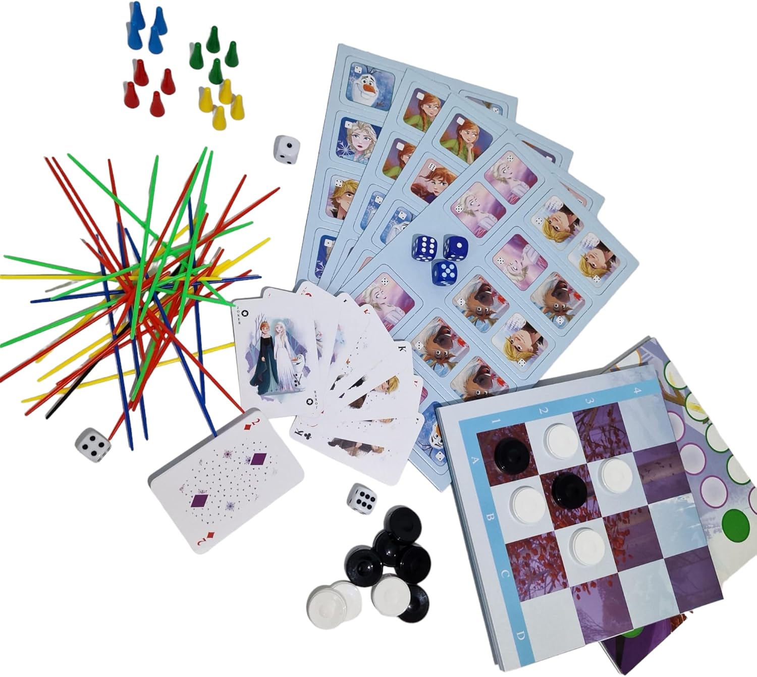 All game components of the Trefl Disney Frozen 50 Games Collection spread out on a white surface.