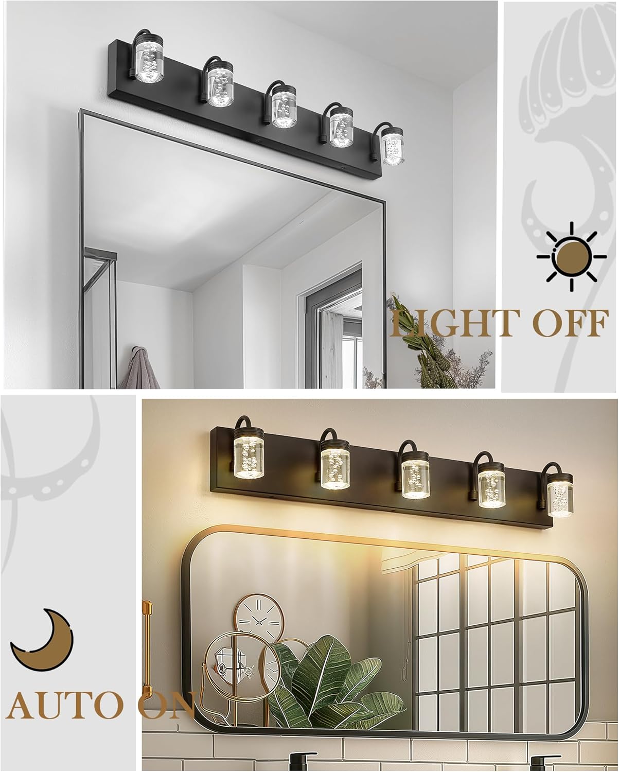 LMS LED Dimmable 5 Lights Bathroom Vanity Light, Matte Black Modern Vanity Lights with Bubble Crystal Shade, 20W 3000/4000/5000K, LMS-176-5