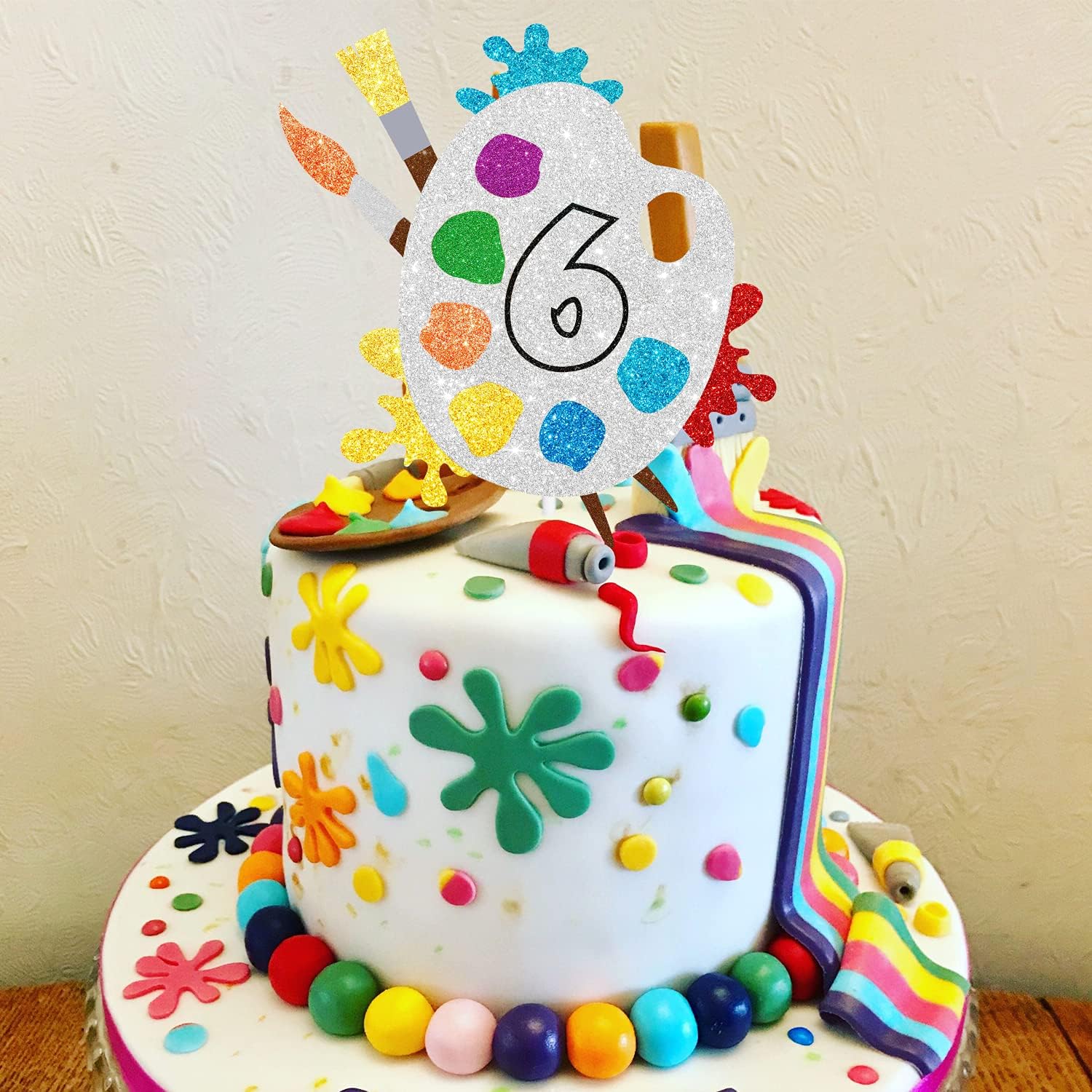 6th Slime Cake Topper - Art Themed Palette Painting Graffi Boy Girl Happy Birthday Party Decorations Supplies - Six Years Old Birthday Cake Decor