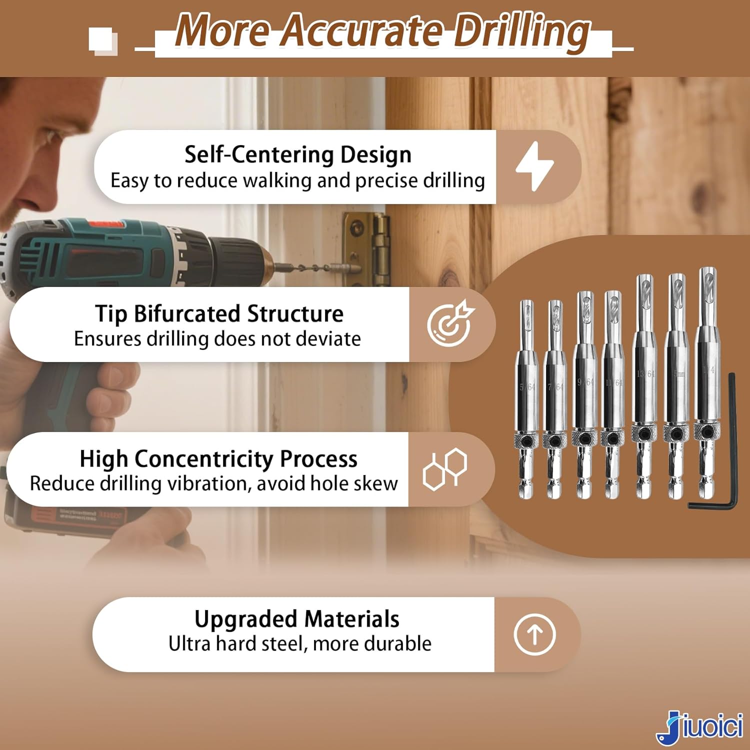 Upgraded Self-Centering Hinge Drill Bit Set, CC2430 5/64", 7/64", 9/64", 11/64", 13/64", 5mm, 1/4" VIX Bit Self Centering Drill Bit, 1/4 Inch Hex Shank for Precise Cabinet & Door Installation