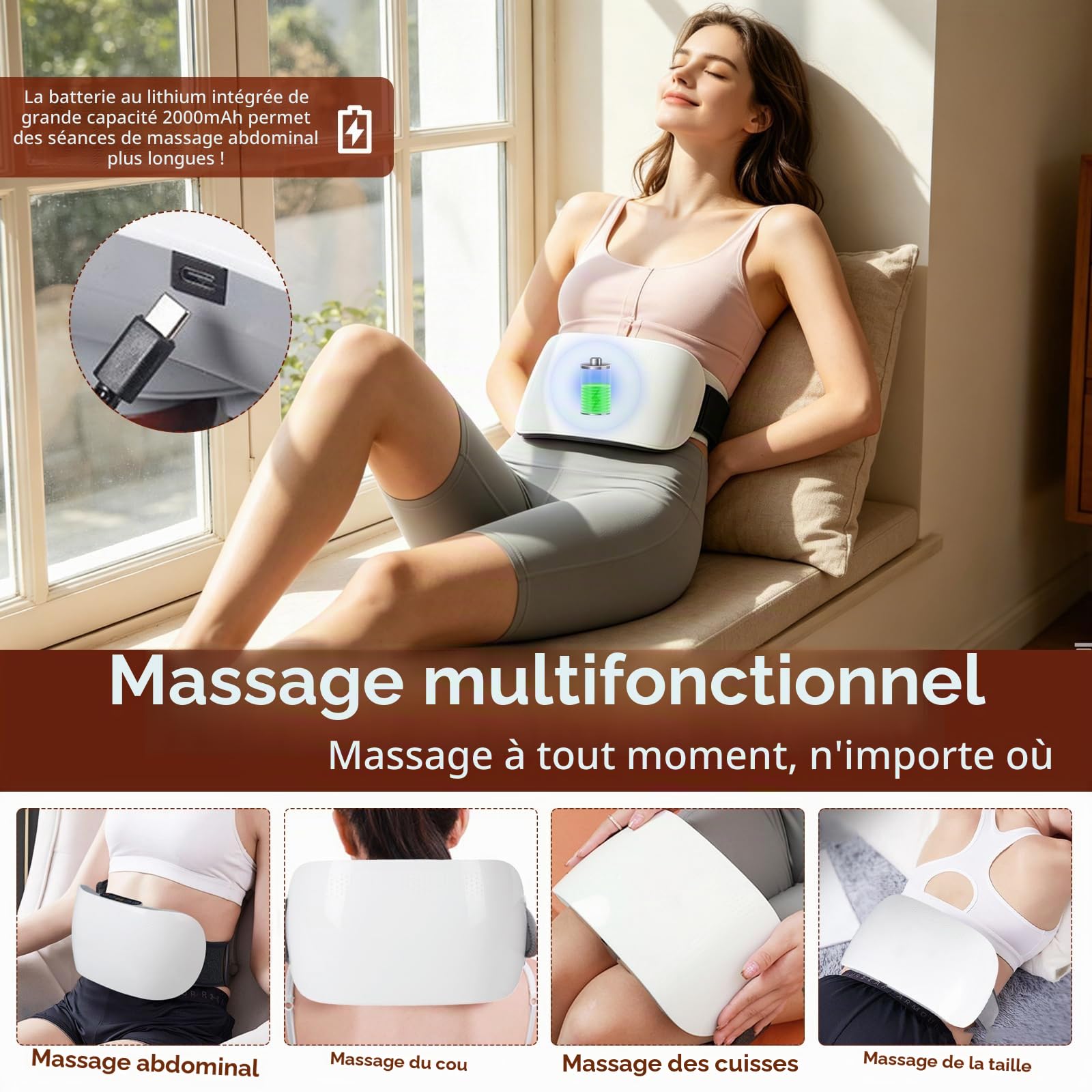 Masseur Abdominal, Masseur Rechargeable de 2000 mAh avec Deux Disques et Têtes de Massage en Pierre Bian Appareil de Massage Abdominal avec 3 Niveaux D'intensité pour Abdomen Taille Hanches et Jambes