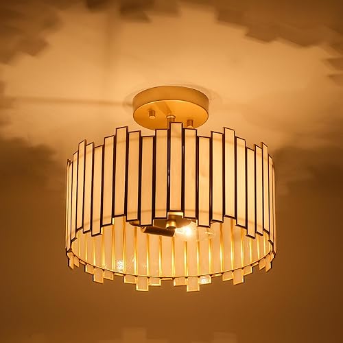 Miniatura 3 de Lámpara de techo dorada con forma de tambor, lámpara Tiffany moderna de montaje semiempotrado de 12.5 pulgadas con vidrio blanco, 3 luces redondas