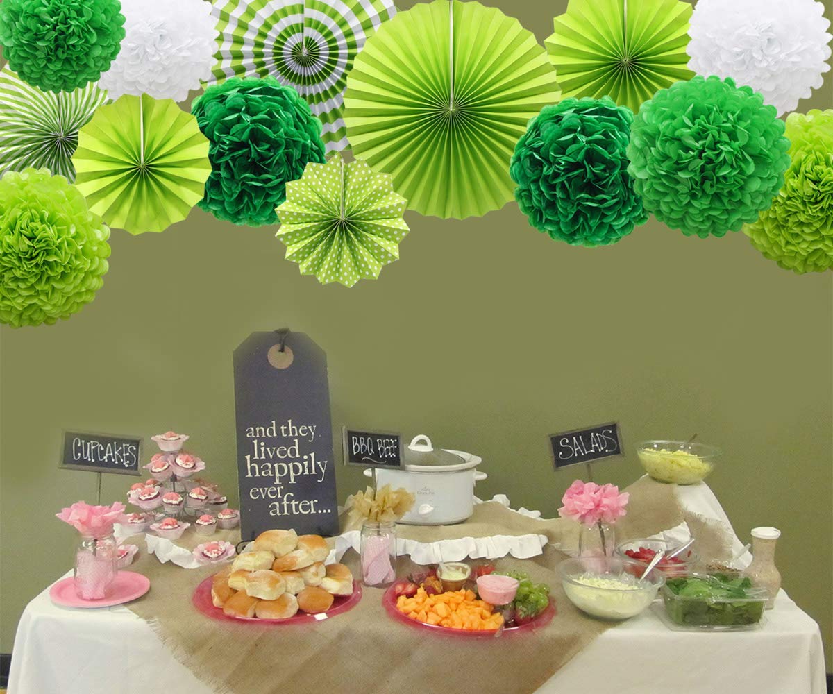 Set di decorazioni per feste verdi, ventagli di carta da appendere, pompon di carta velina e