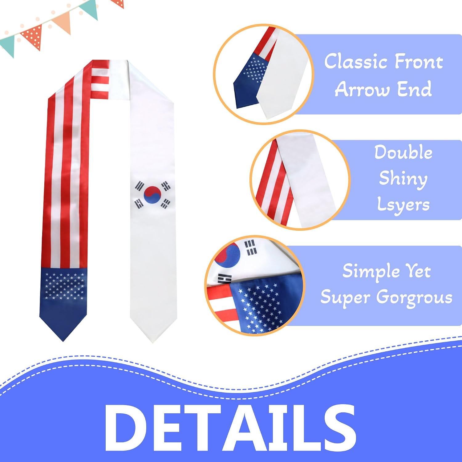 South Korea National & USA Flag Graduation Stole Sash Scarf Double Sided International Student Graduation Decoration Item Gift