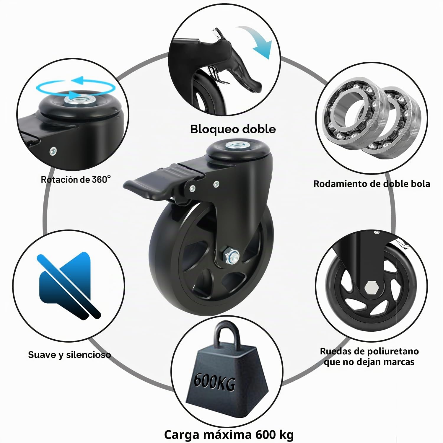 Ruedas para Muebles Pesados con Freno, Ruedas Giratorias de 125mm con Agujero Trasero M12, Ruedas Pivotantes 360 Grado que No Dejan Marcas, Juego de 4 Ruedas de Transporte Hasta 650kg