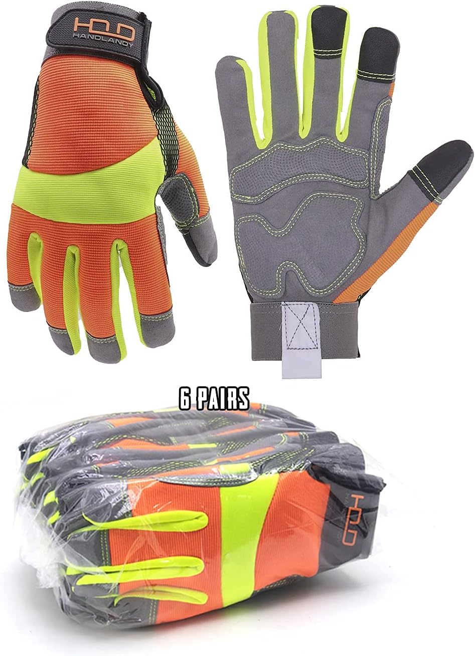 HANDLANDY Hi-vis Reflective Work Gloves, Anti Vibration Safety Gloves, Touch Screen, Orange Flexible Spandex Back