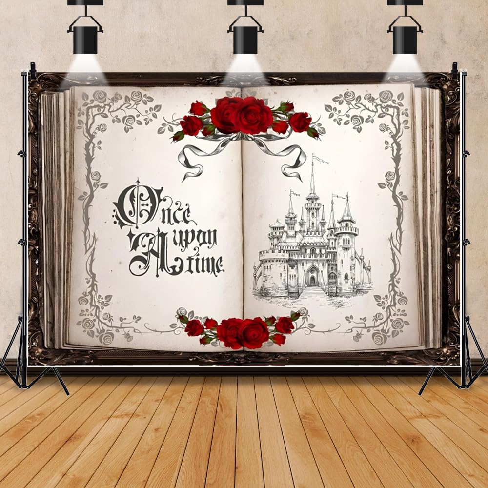 Leowefowa 12x8ft Once Upon a Time Backdrop for Photography Vintage Fairy Tale Books Opening Background Ancient Castle Red Rose Floral Romantic Story