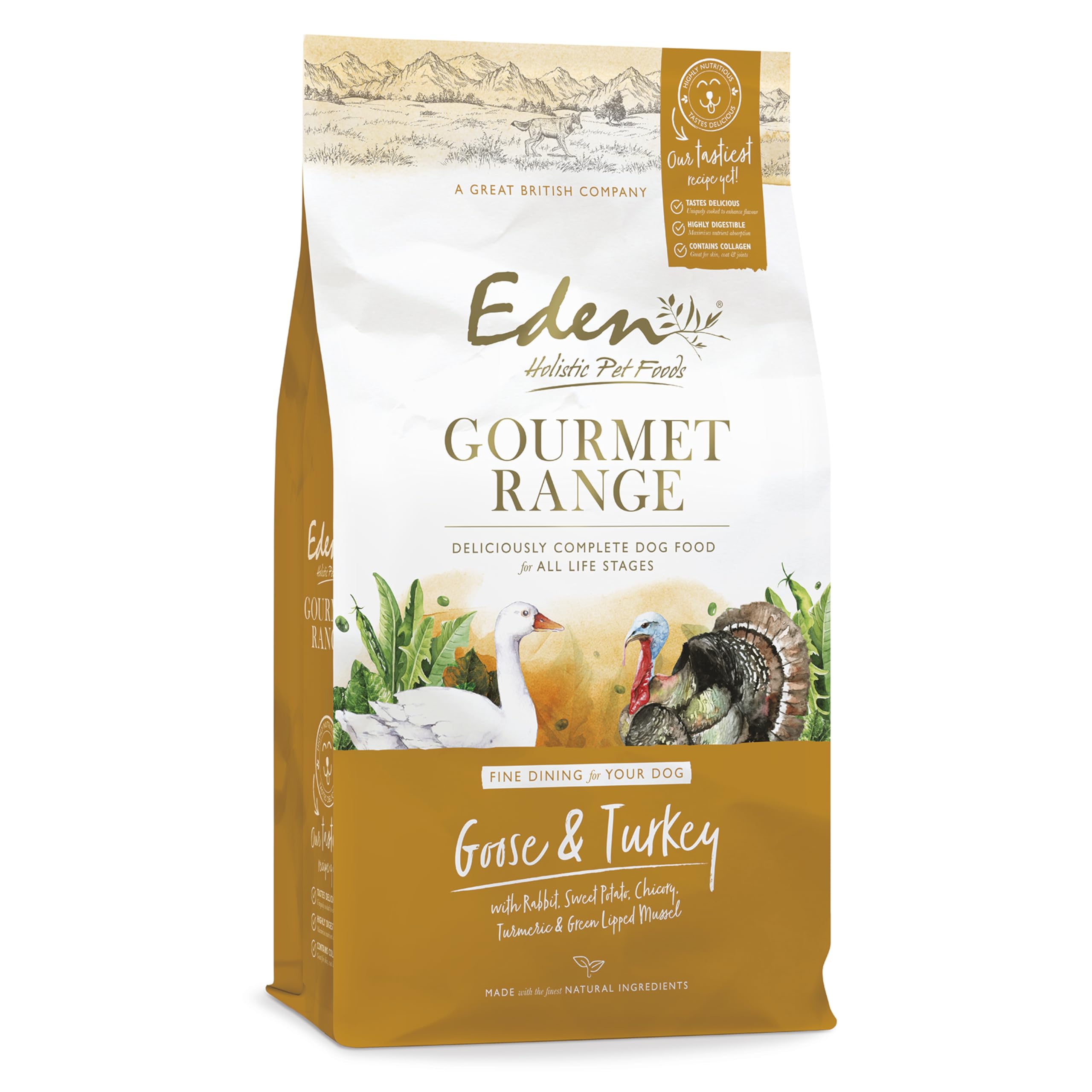 Eden Gourmet Goose & Turkey with Rabbit 10kg Kibble. Naturally Complete Premium Dry Dog Food for Puppies, Adult & Senior Dogs - Formulated with highly digestible protein and collagen.