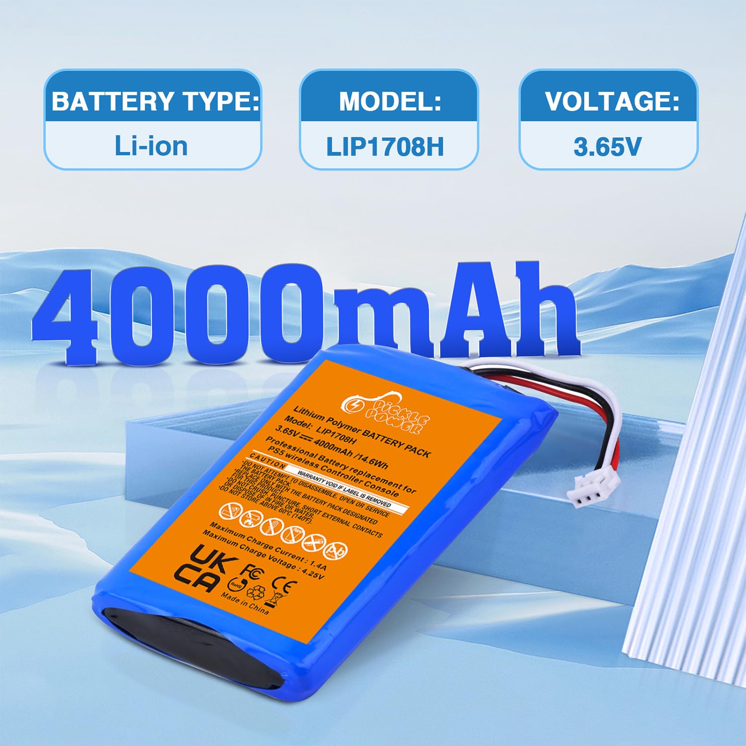 Pickle Power 4000mAh Batteria per Controller PS5, LIP1708 Batteria Ricambio per Sony Playstation 5 DualSense CFI-ZCT1W Wireless Controller