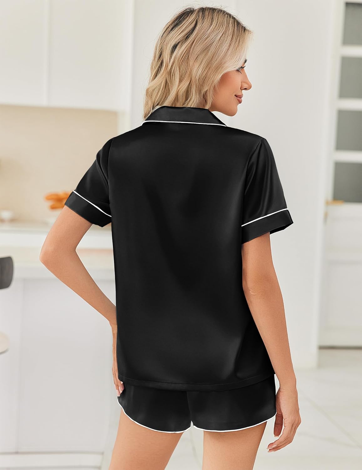 Ekouaer Satin Silk Pajamas for Women Set Short Sleeve Button Down Satin Pjs Split Shorts Set Soft Sleepwear 2 Piece Loungewear, Black, Medium - Image 2