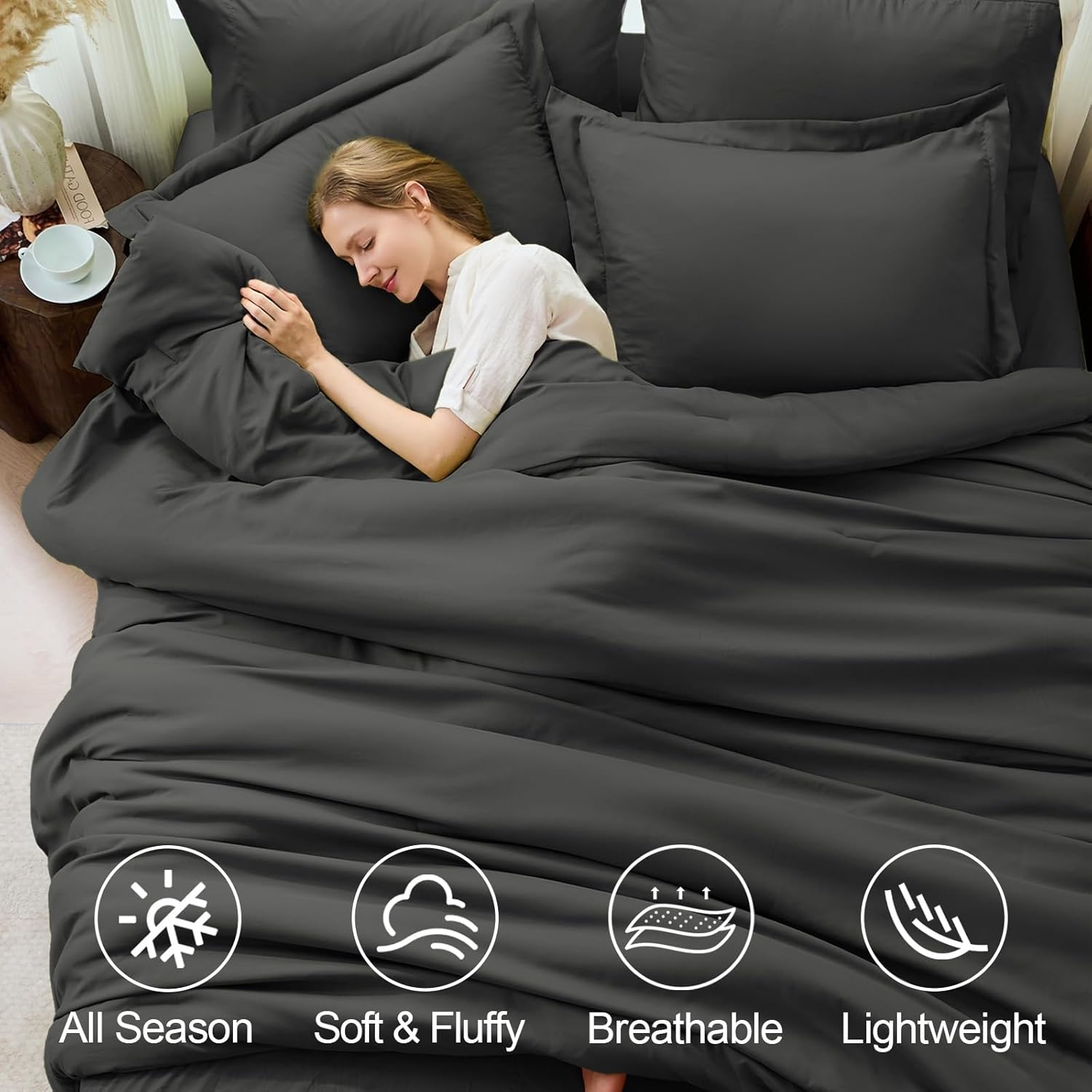 FUANNA Queen Comforter Set Dark Grey, 7 Pieces Soft Bedding Sets Queen Size, All Season Lightweight Bed in a Bag with Comforter, Flat Sheet, Fitted Sheet, Pillowcases & Shams - Image 2