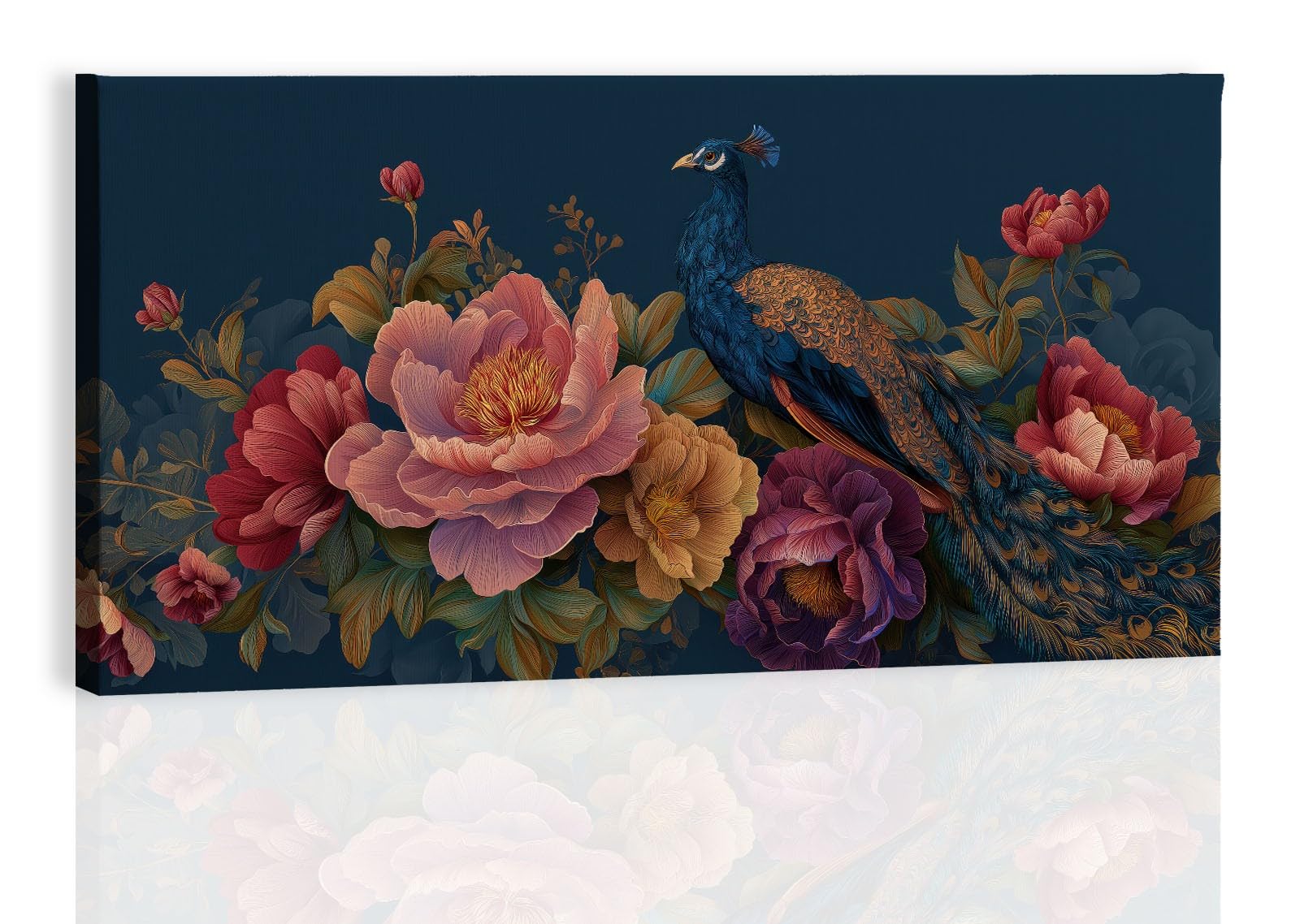 Botanisch Pfau Floral Kunst Modernes Leinwandbild 100L x 75B cm mit Rahmen, Dunkelblau Vintage XXL Wanddeko für Wohnzimmer Geschenk Idee Einzug - Hochwertiger Kunstdruck auf Holzrahmen