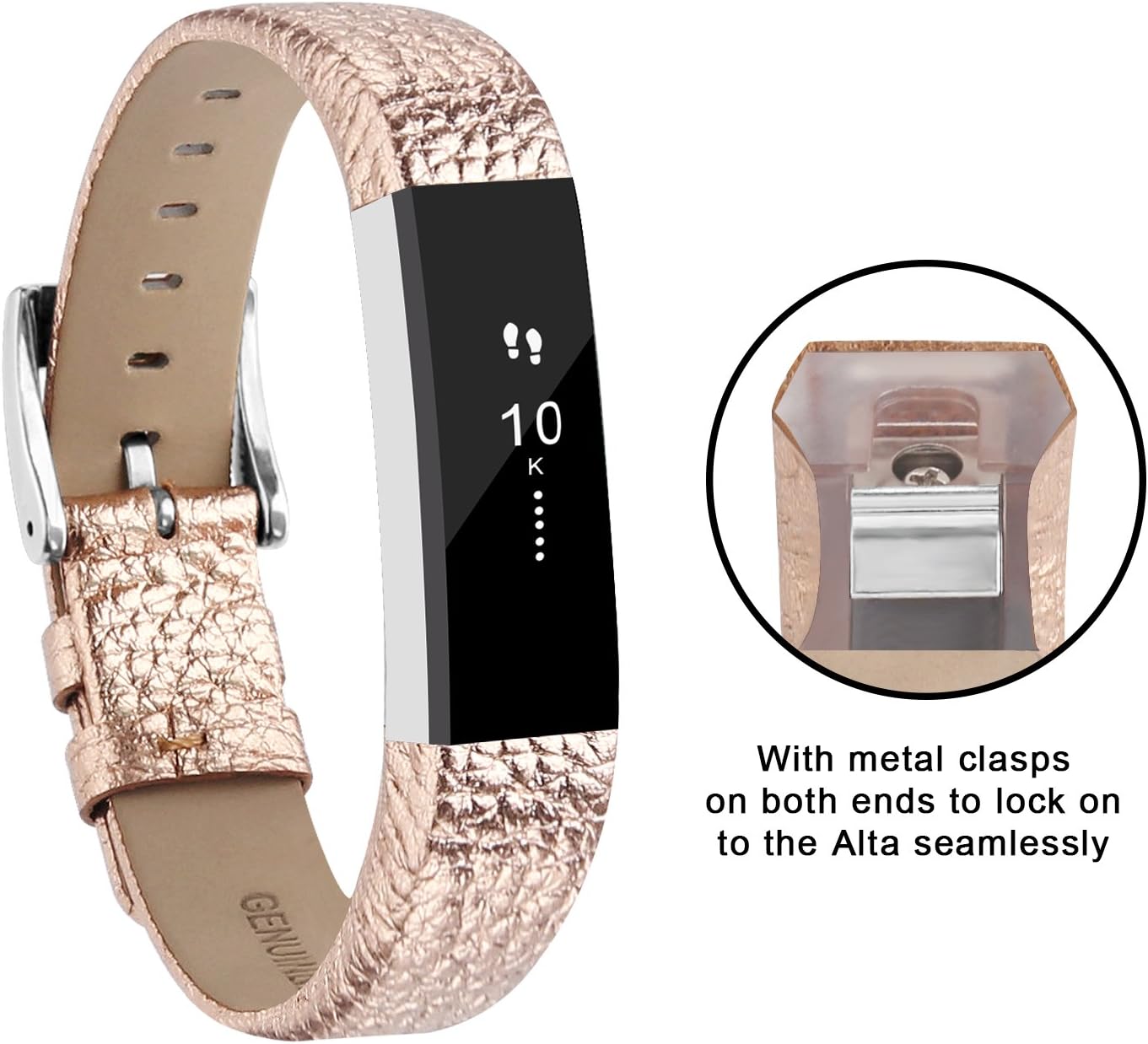 POY Replacement Bands Compatible for Fitbit Alta and Fitbit Alta HR, Genuine Leather Wristbands, Rose Gold