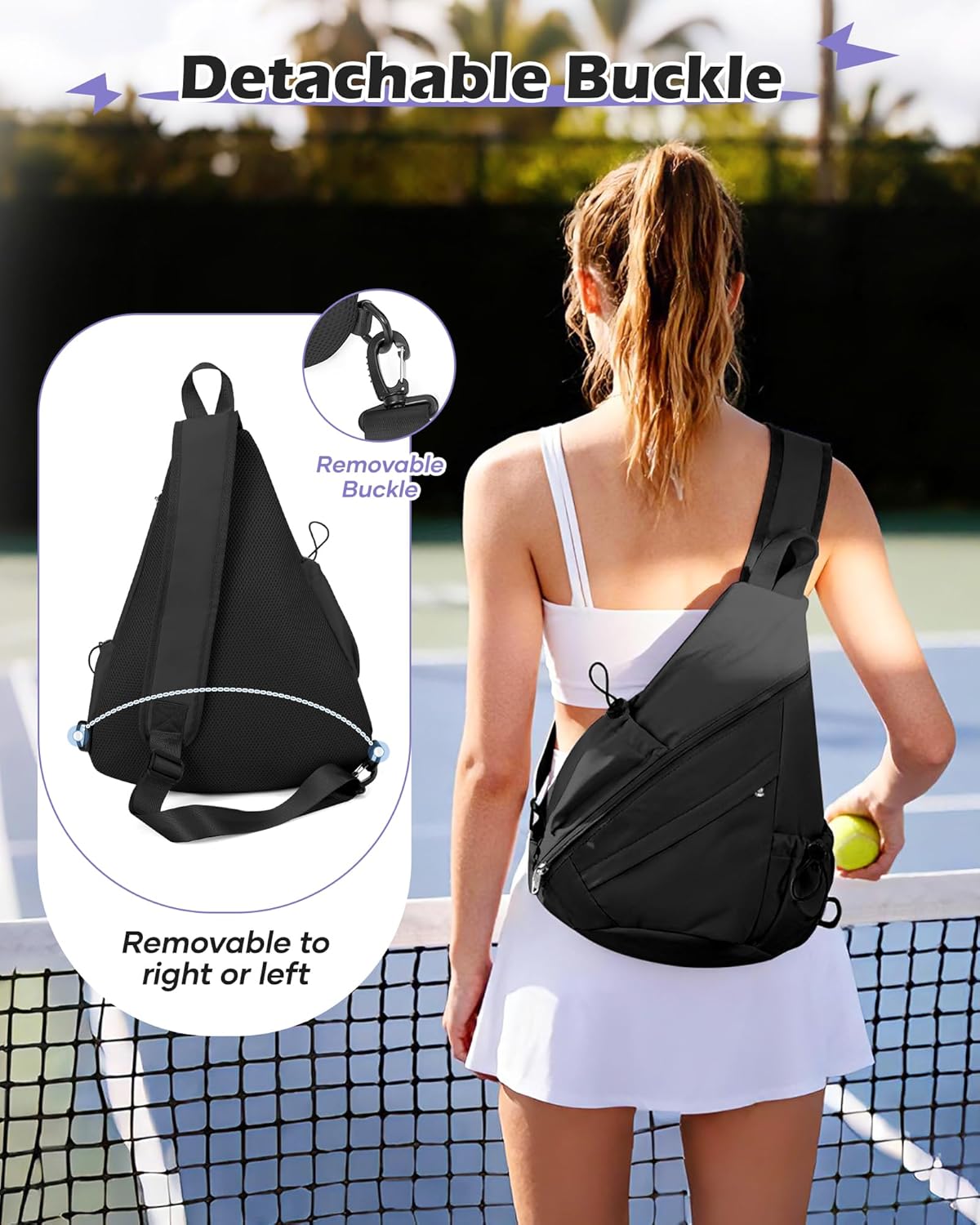 Black Pickleball Crossbody Sling Bag - Men's & Women's Pickleball Sports Backpack with Water Bottle Holder, Adjustable Pickleball - Image 6