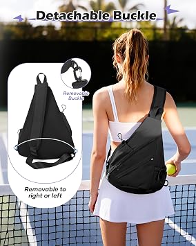 SEAFEW Black Pickleball Crossbody Sling Bag - Men's & Women's Pickleball Sports Backpack with Water Bottle Holder, Adjustable Pickleball