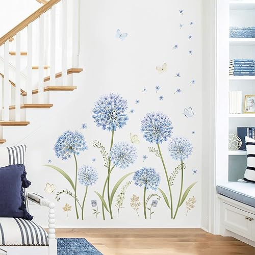 Miniatura 2 de decalmile Calcomanías de pared de flor de diente de león azul, calcomanías de pared con diseño de mariposa floreciente para dormitorio, sala de