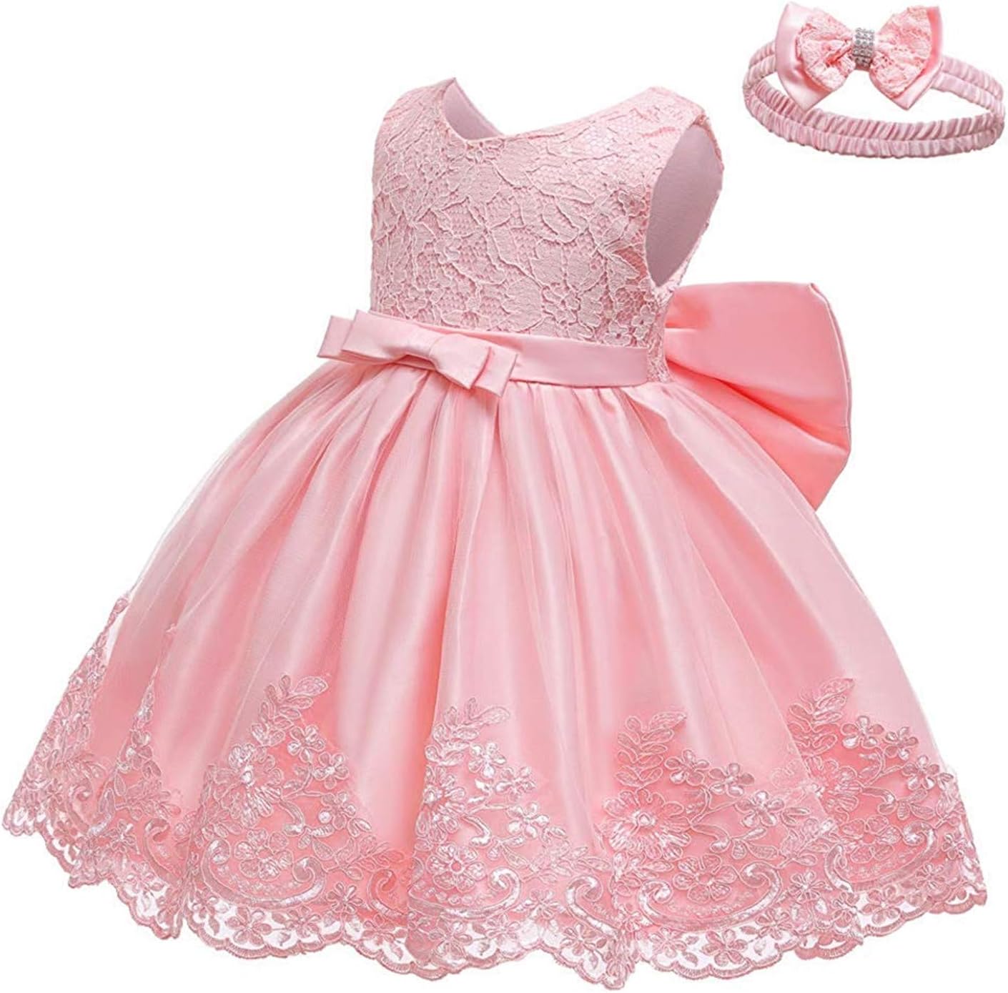 0-6T Toddler Girls Pageant Lace Dresses Baby Birthday Party Embroidery Dress with Headwear
