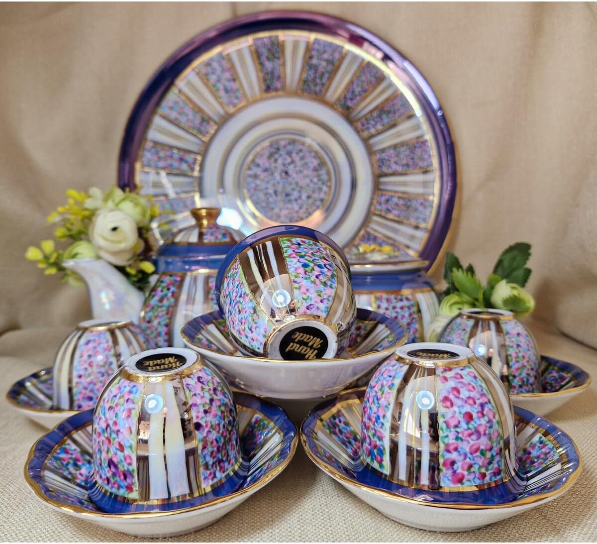 SODEF Turkish Coffee Set Mirra Set 6 Person 12+ Pieces Porcelain Multicolor Modern Style 8.4 fl oz Cups for Traditional Serving - Multicolor, One Size