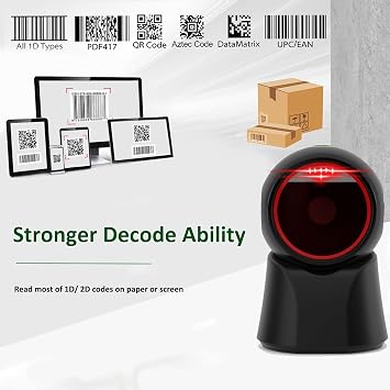 1D 2D Barcode Scanner Desktop, USB Wired Handsfree QR Scanner, Omnidirectional Bar Code Reader Support Screen Code Scanning for POS PC Supermarket Library Retail Bookstore