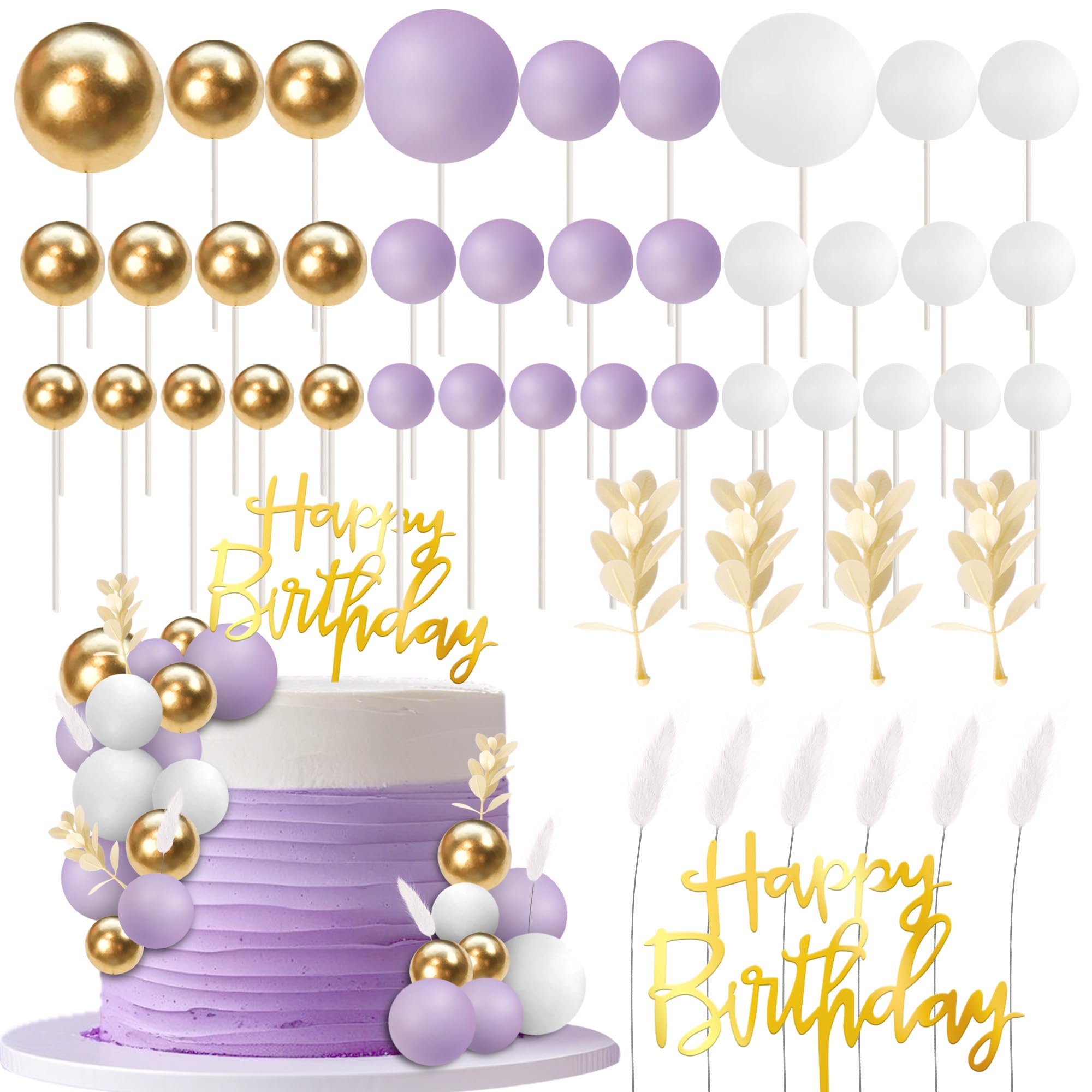 SYKYCTCY 59 Pack Balls Cake Decorations Happy Birthday Ball Cake Toppers Mini Balloon Balls Leaves DIY Cake Decorations for Wedding Anniversary Birthday Themed Party Supplies White Gold Purple