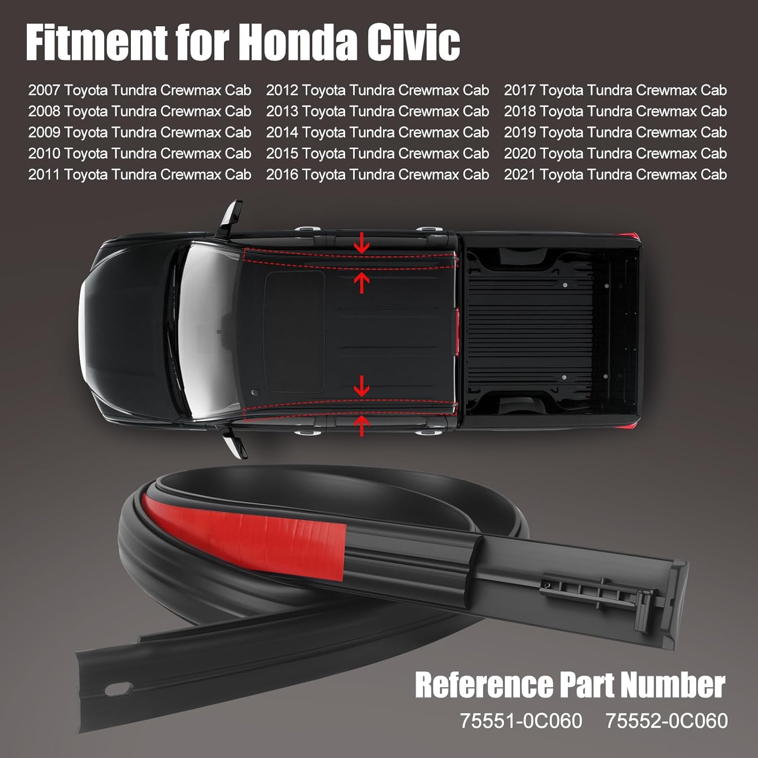 Roof Drip Molding Trim for Toyota Tundra CrewMax 2007-2021 Accessories, Left & Right Side Black Rubber Weatherstrip Seal 2PCS Kit, Replace 75551-0C060 75552-0C060. Not Fit Double Cab.