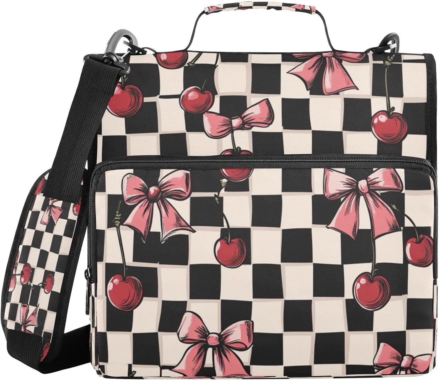 Blueangle Cherry Bow Plaid Zipper Binder, 1.5-Inch 3-Ring Binder Bag Holds 500 Pages, Multi-Pocket Zipper Organizer with Adjustable Strap & Handle