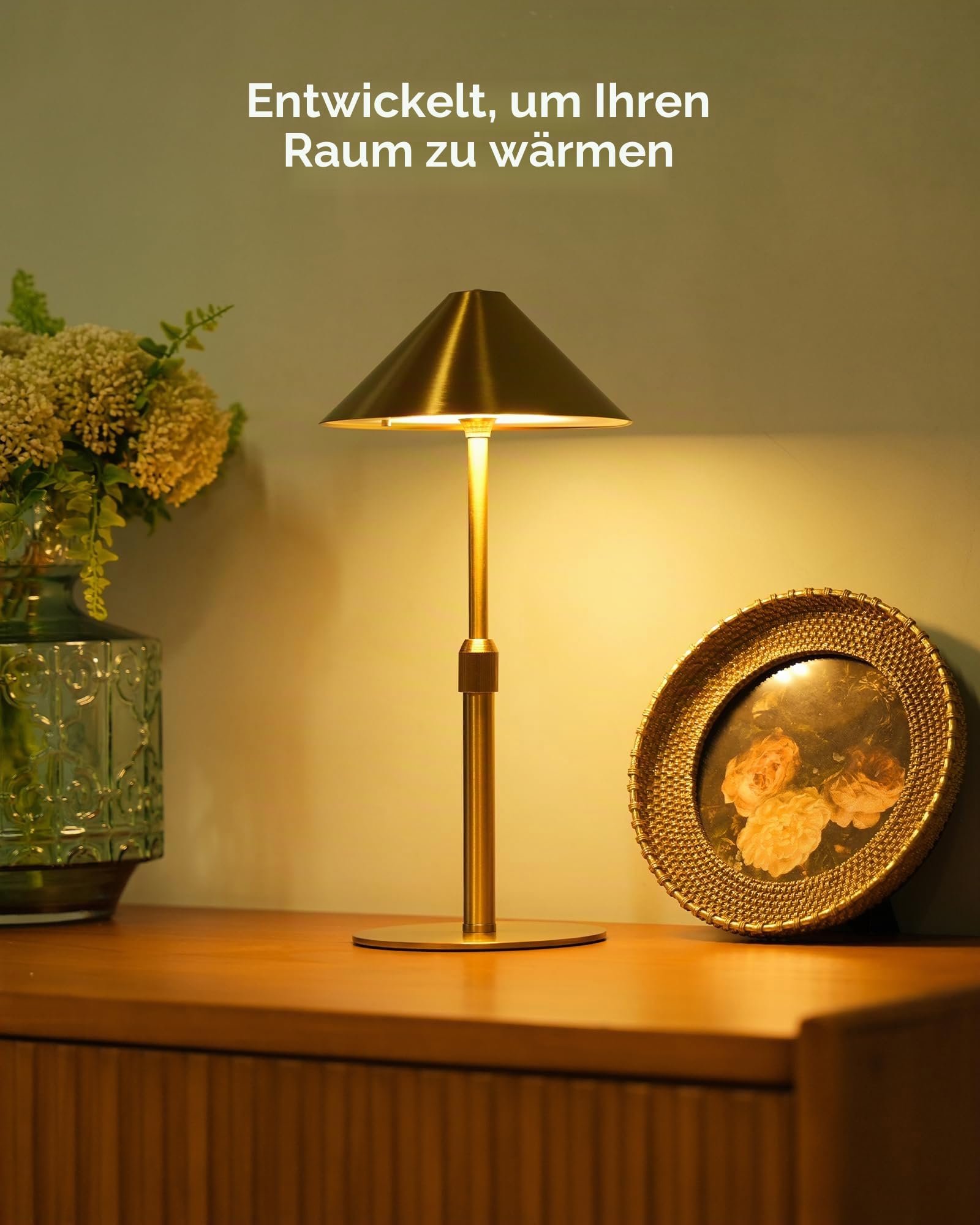 Tischlampe kabellos LED Akku Tischleuchte 2er Set aus Metall – Höhenverstellbar, IP54 Wasserfest, 3000K–6000K, USB-C aufladbar für Schlafzimmer, Balkon, Outdoor & Deko, Gold